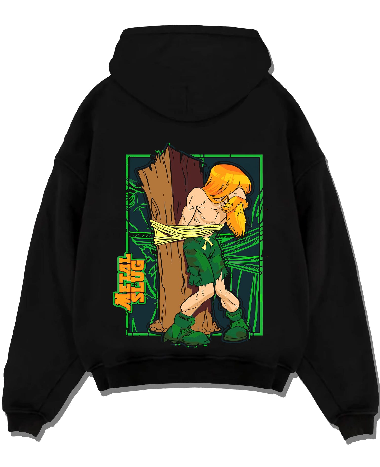 Black pullover hoodie laid flat with Metal Slug Hoodie Classic Game Retro Capture graphic nan themed artwork.