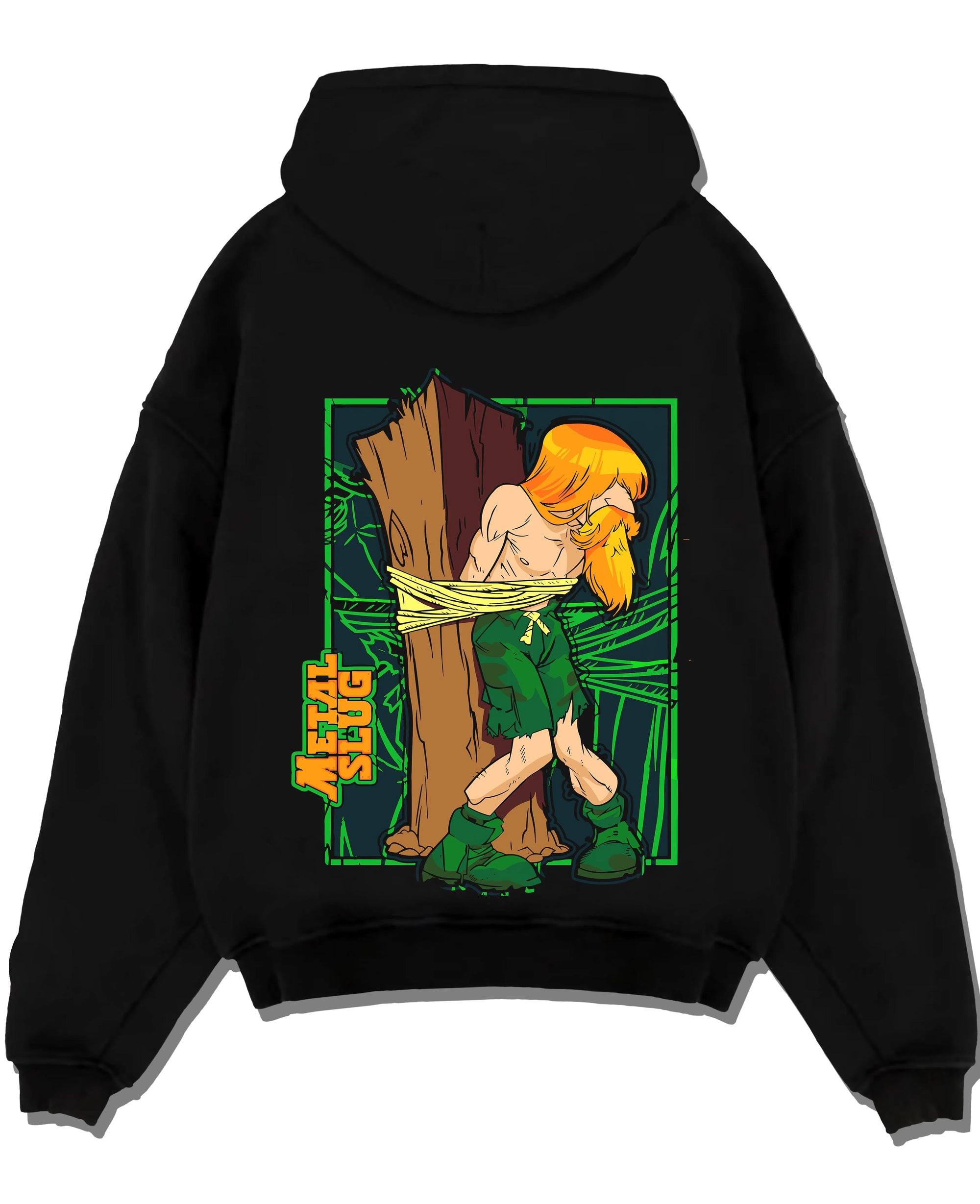 Black pullover hoodie laid flat with Metal Slug Hoodie Classic Game Retro Capture graphic nan themed artwork.