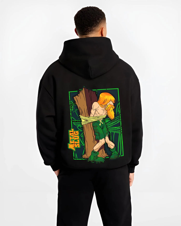 Black hoodie worn by male model, back view with Metal Slug Hoodie Classic Game Retro Capture graphic nan anime design.