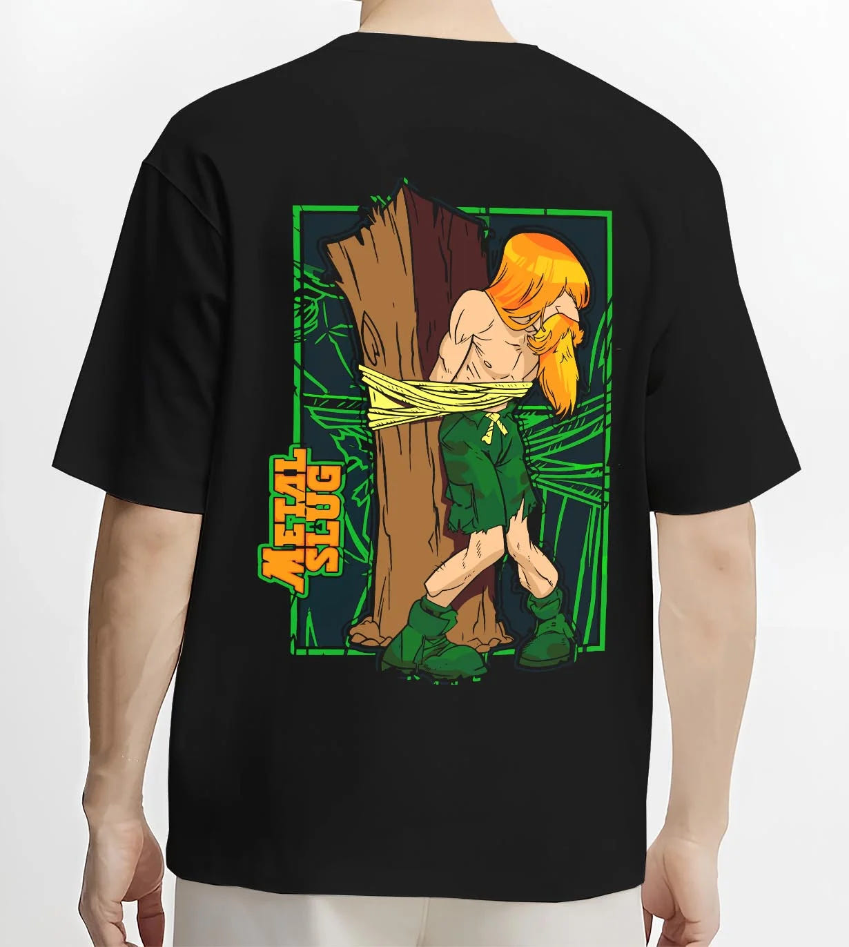 Black T-shirt worn by male model, back view with Metal Slug Hoodie Classic Game Retro Capture graphic streetwear graphic.