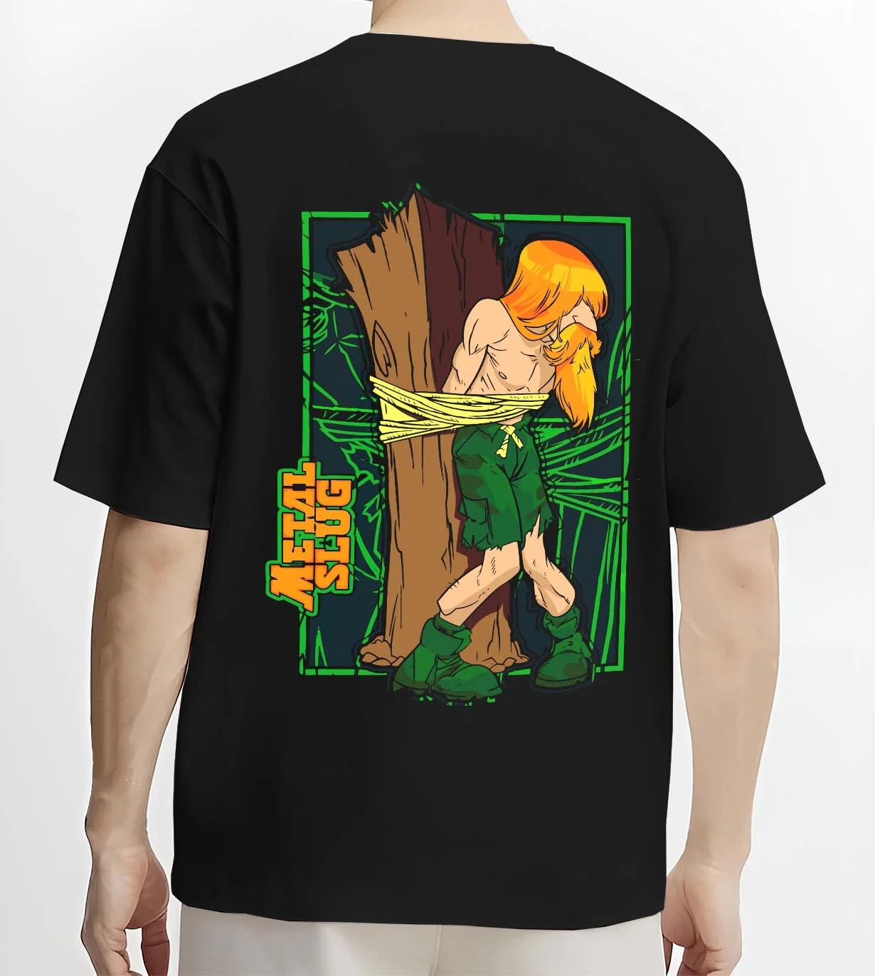 Black T-shirt worn by male model, back view with Metal Slug Hoodie Classic Game Retro Capture graphic streetwear graphic.