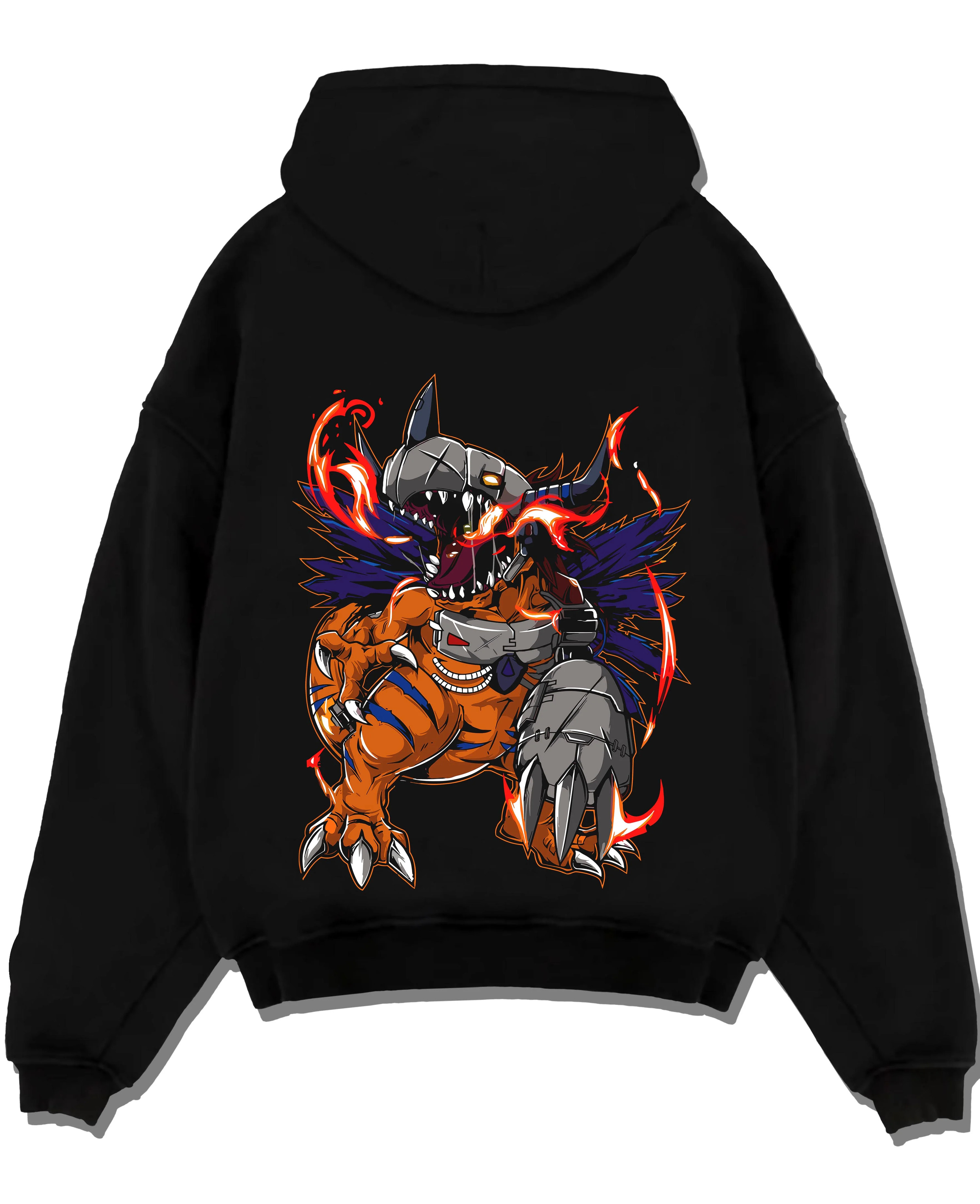 Black pullover hoodie laid flat with MetalGreymon Hoodie Digimon Evolution Monster graphic bold anime graphic.