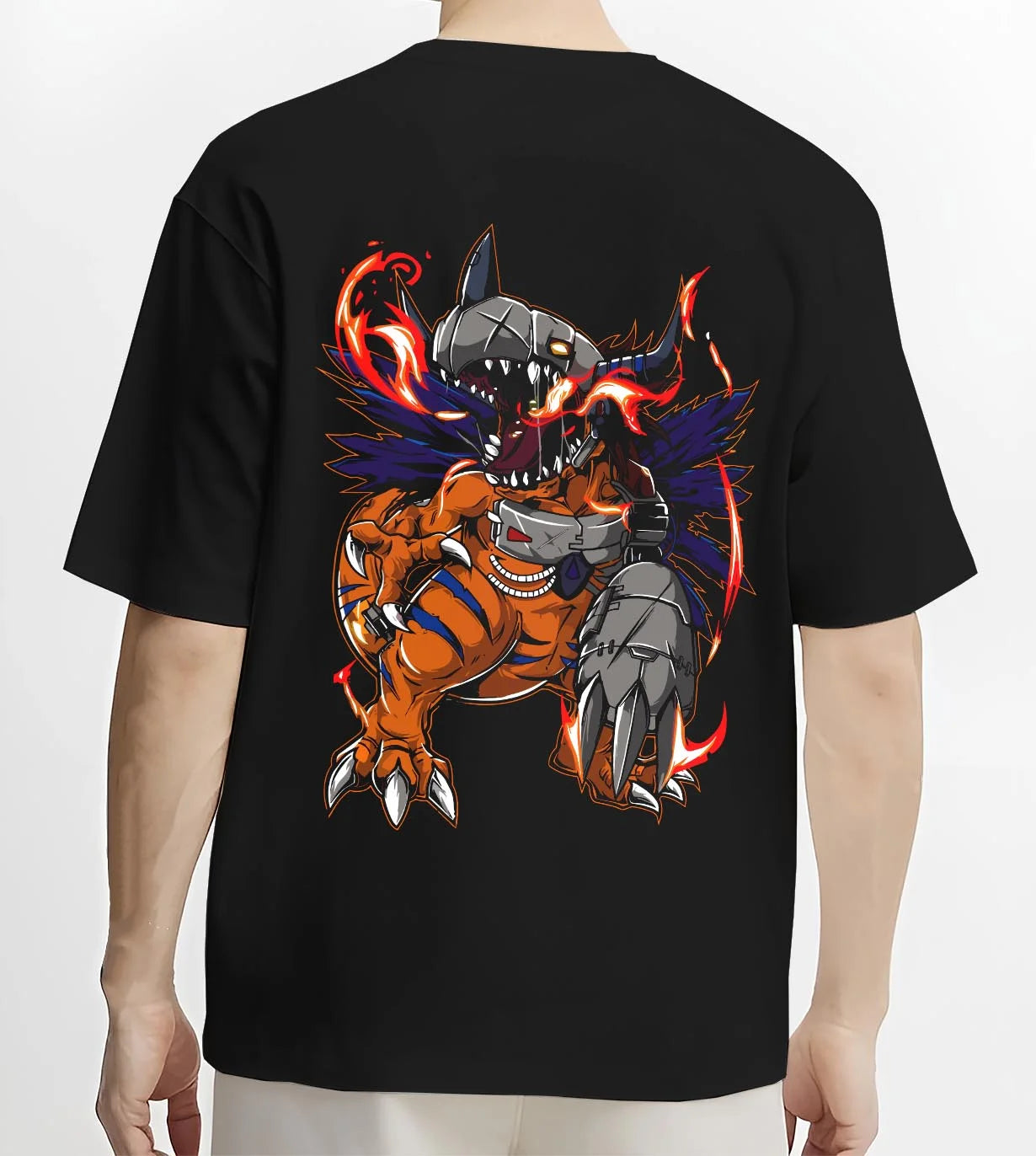 Black T-shirt worn by male model, back view with MetalGreymon Hoodie Digimon Evolution Monster graphic bold anime graphic.