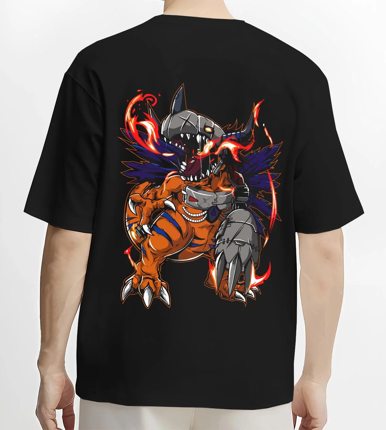 Black T-shirt worn by male model, back view with MetalGreymon Hoodie Digimon Evolution Monster graphic bold anime graphic.