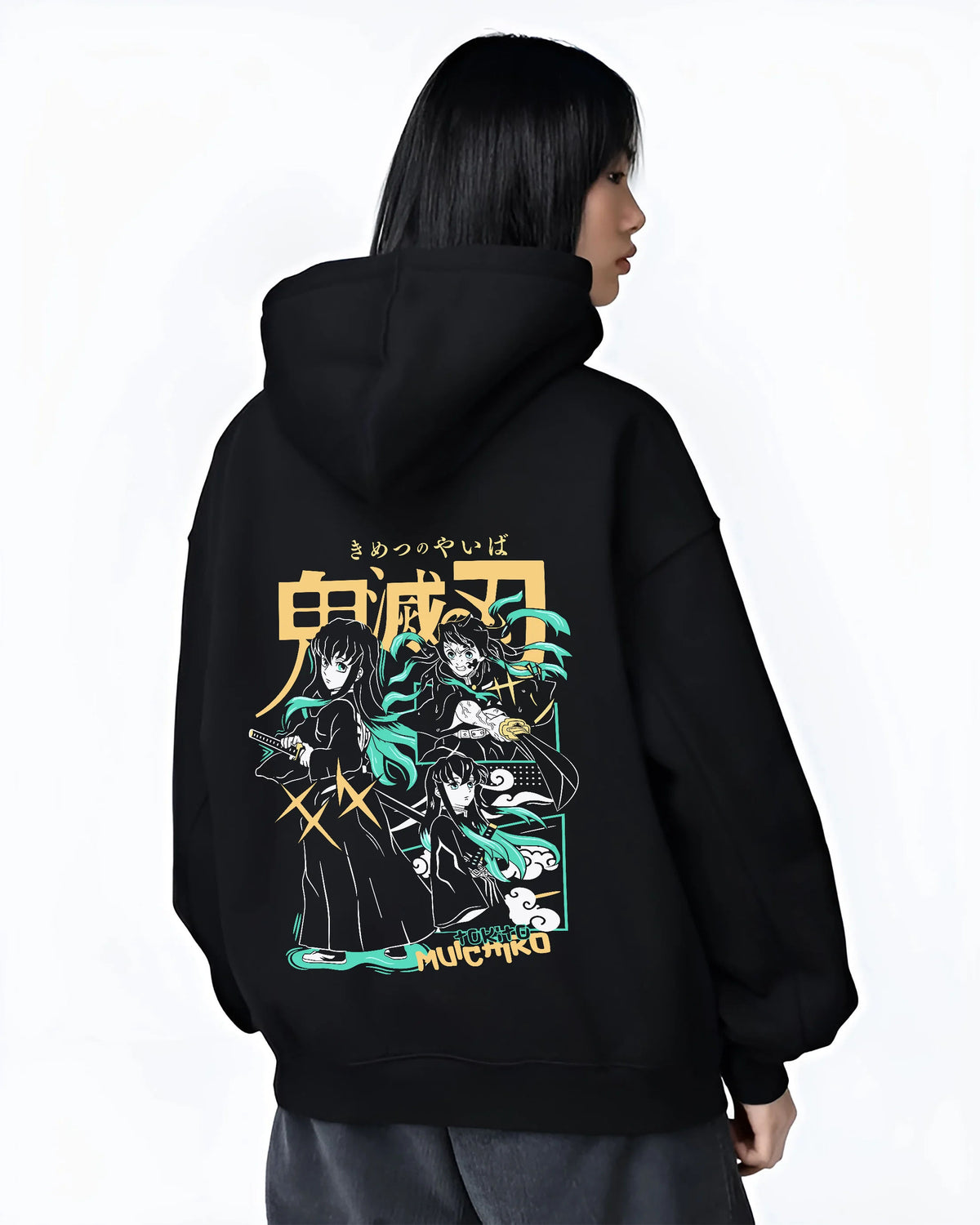 Black hoodie female model back view showing Muichiro Tokito and Demon Slayer cast: montage