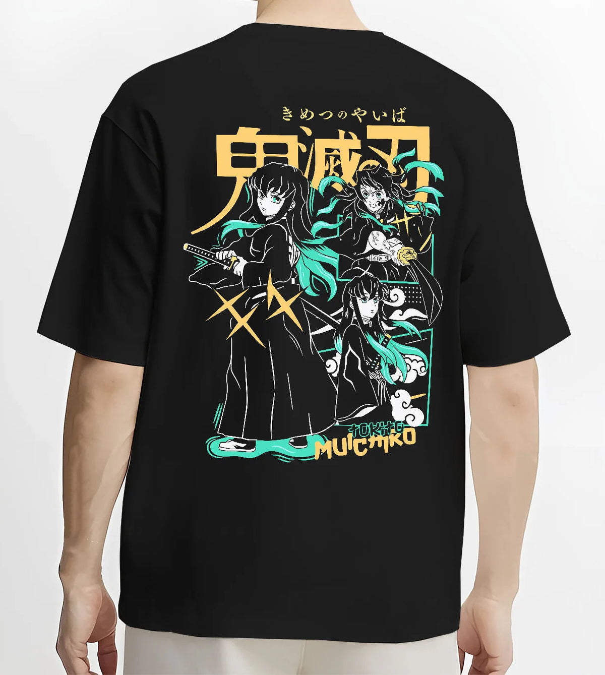 Black T-shirt model back view showing Muichiro Tokito and Demon Slayer cast: montage