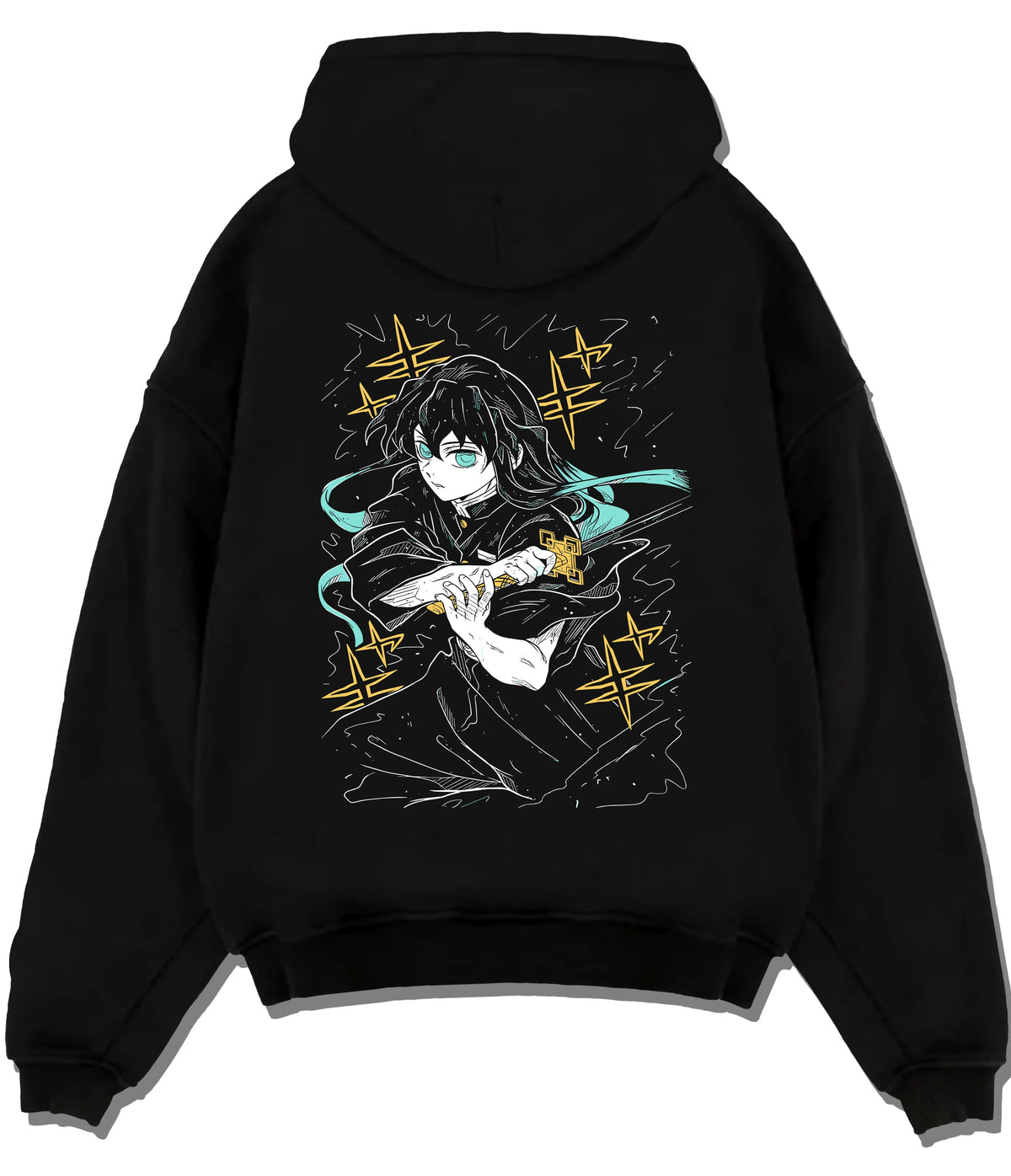 Black hoodie flat back view showing Muichiro Tokito from Demon Slayer: dark haired Mist Hashira portrait