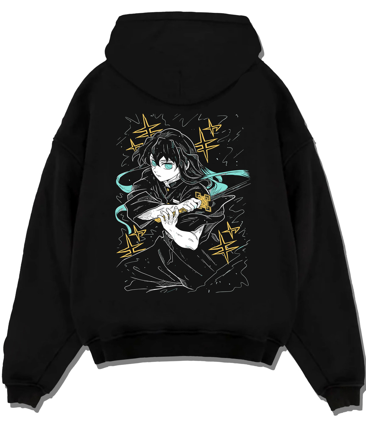 Black hoodie flat back view showing Muichiro Tokito from Demon Slayer: dark haired Mist Hashira portrait