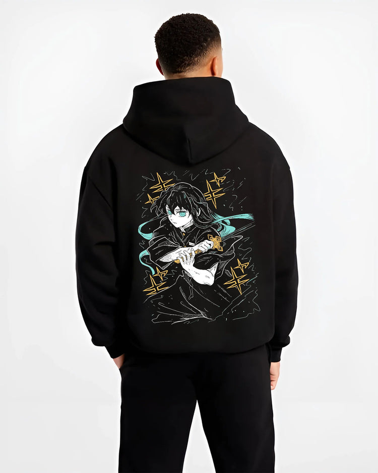Black hoodie model back view showing Muichiro Tokito from Demon Slayer: dark haired Mist Hashira portrait