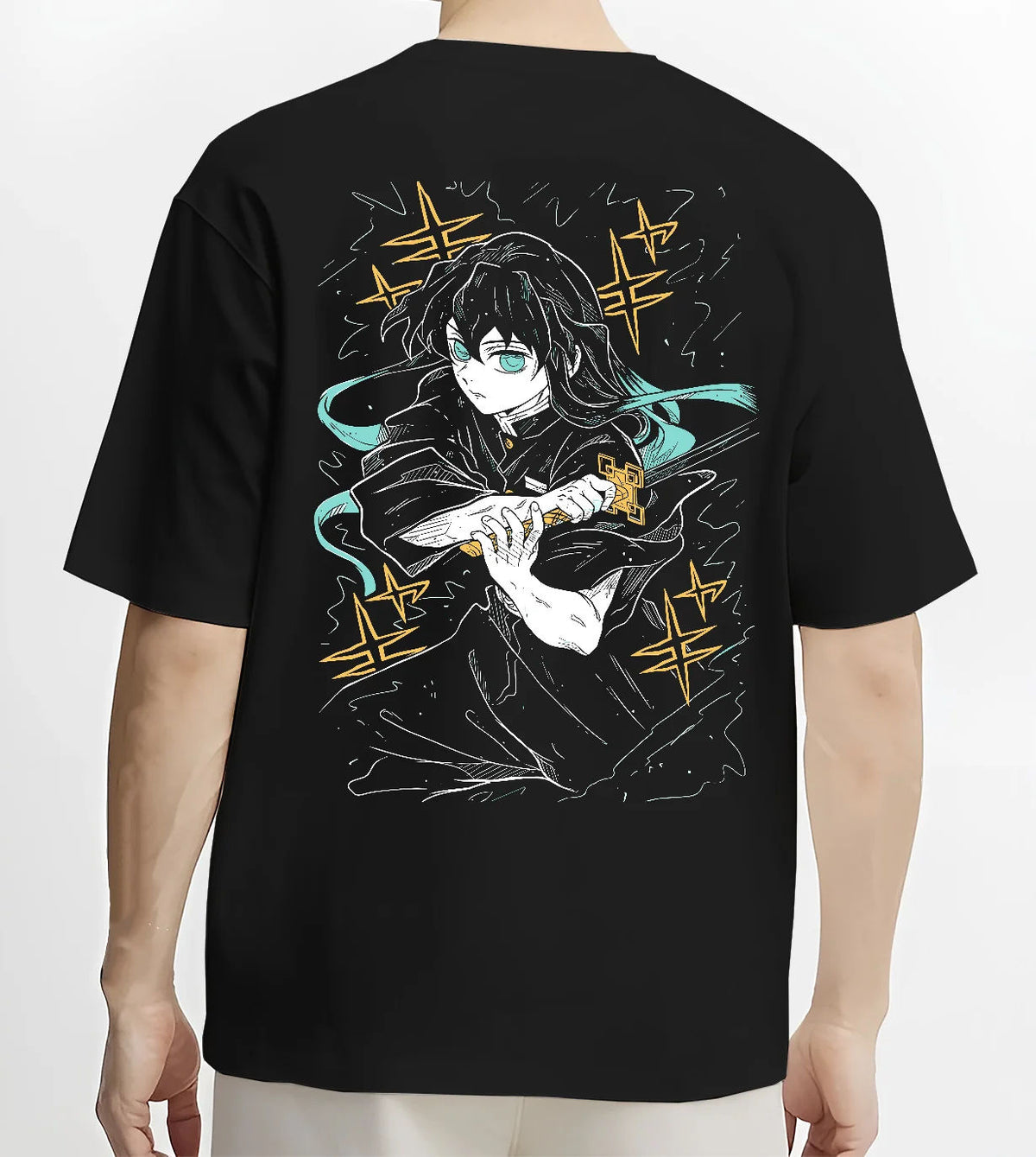 Black T-shirt model back view showing Muichiro Tokito from Demon Slayer: dark haired Mist Hashira portrait