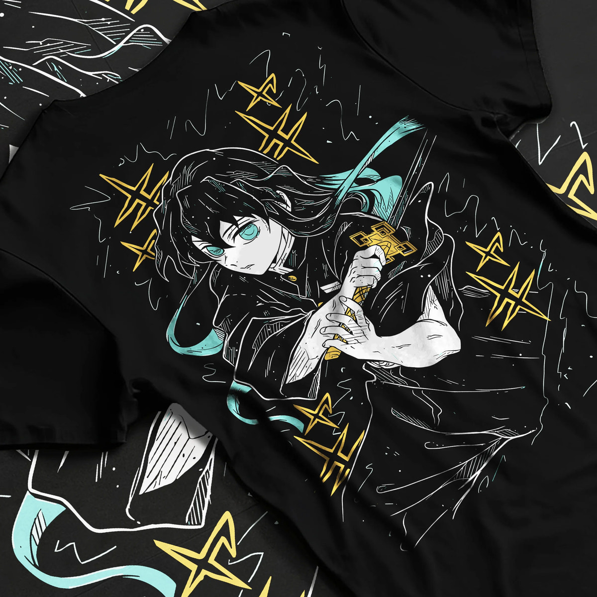 Black T-shirt flat back view showing Muichiro Tokito from Demon Slayer: dark haired Mist Hashira portrait