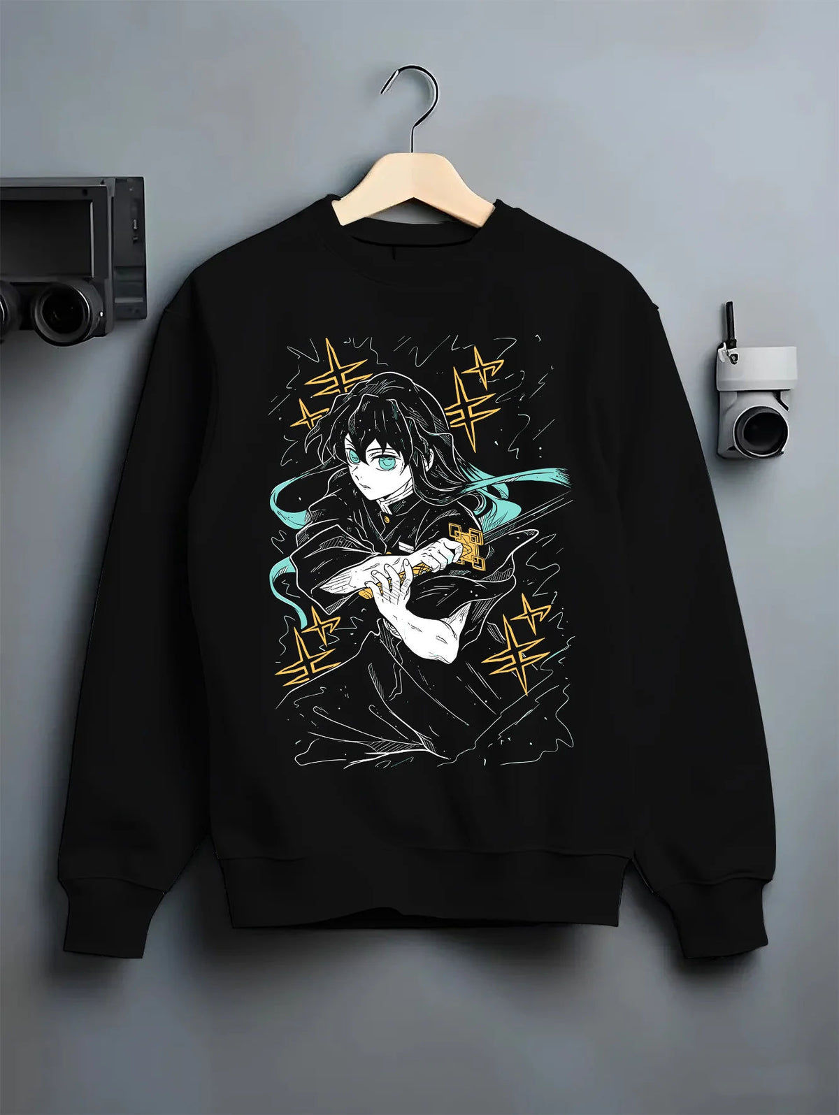 Black crewneck sweatshirt on hanger showing Muichiro Tokito from Demon Slayer: dark haired Mist Hashira portrait
