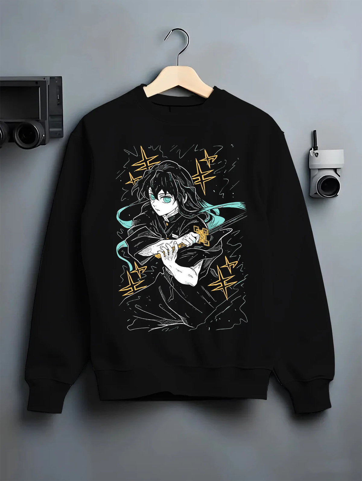 Black crewneck sweatshirt on hanger showing Muichiro Tokito from Demon Slayer: dark haired Mist Hashira portrait