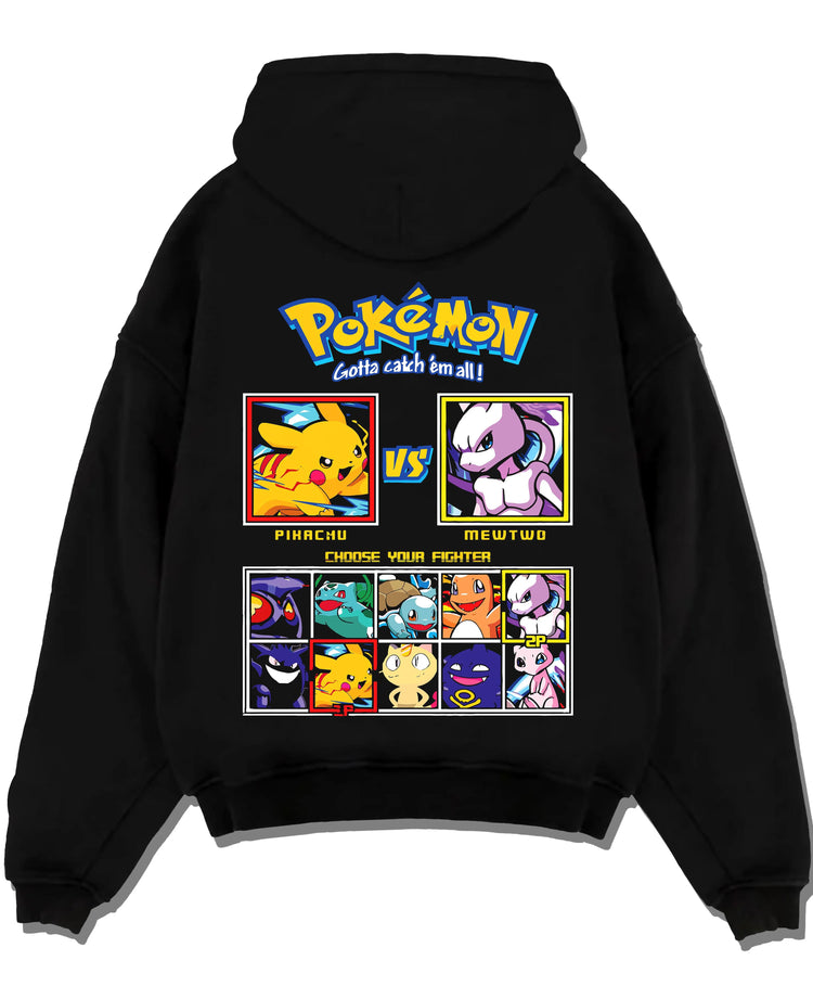 Black hoodie laid flat featuring Pikachu, Mewtwo and classic Pokemon artwork.