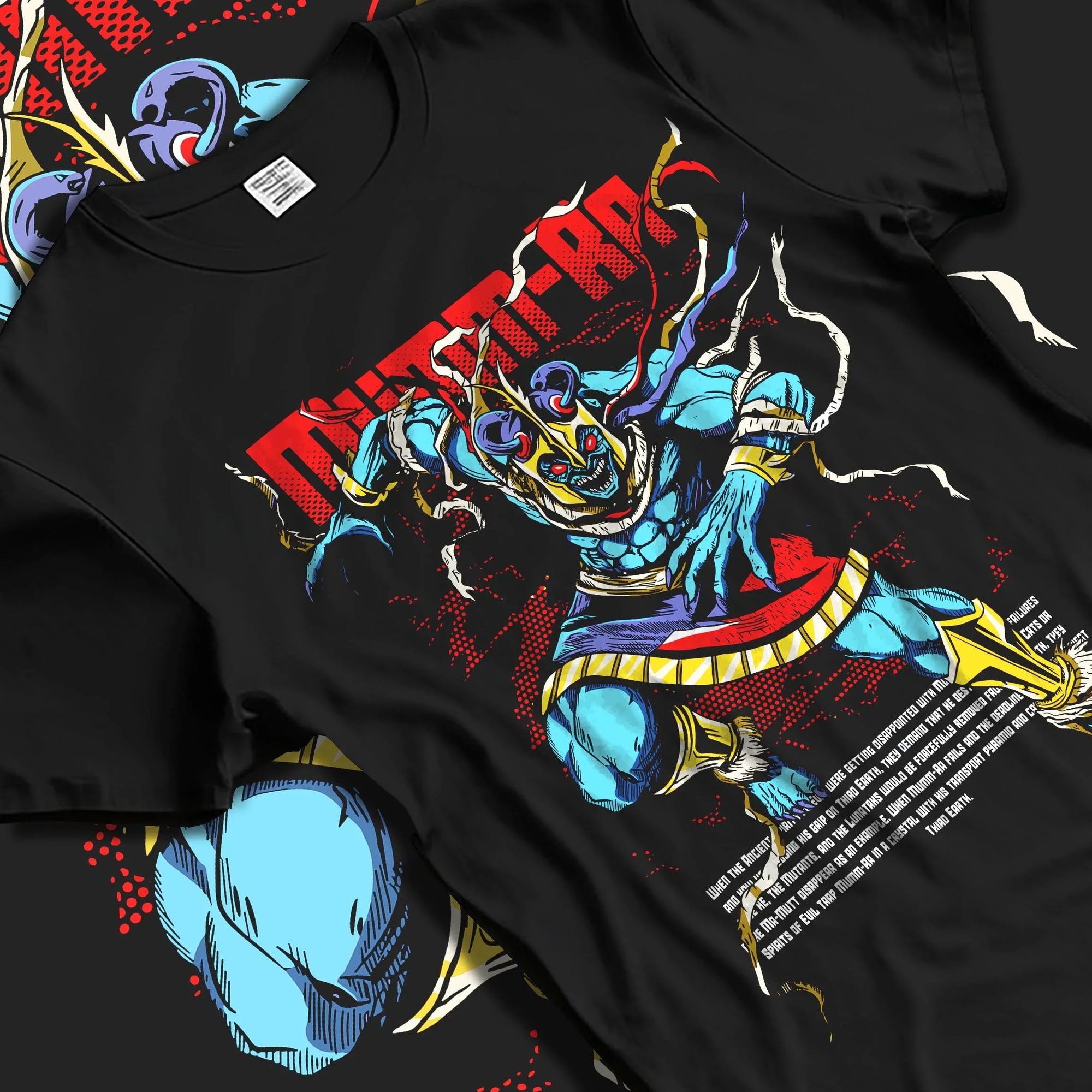 Black T-shirt laid flat with natural folds with Mumm-Ra Hoodie Thundercats Ancient Evil Power graphic streetwear graphic.