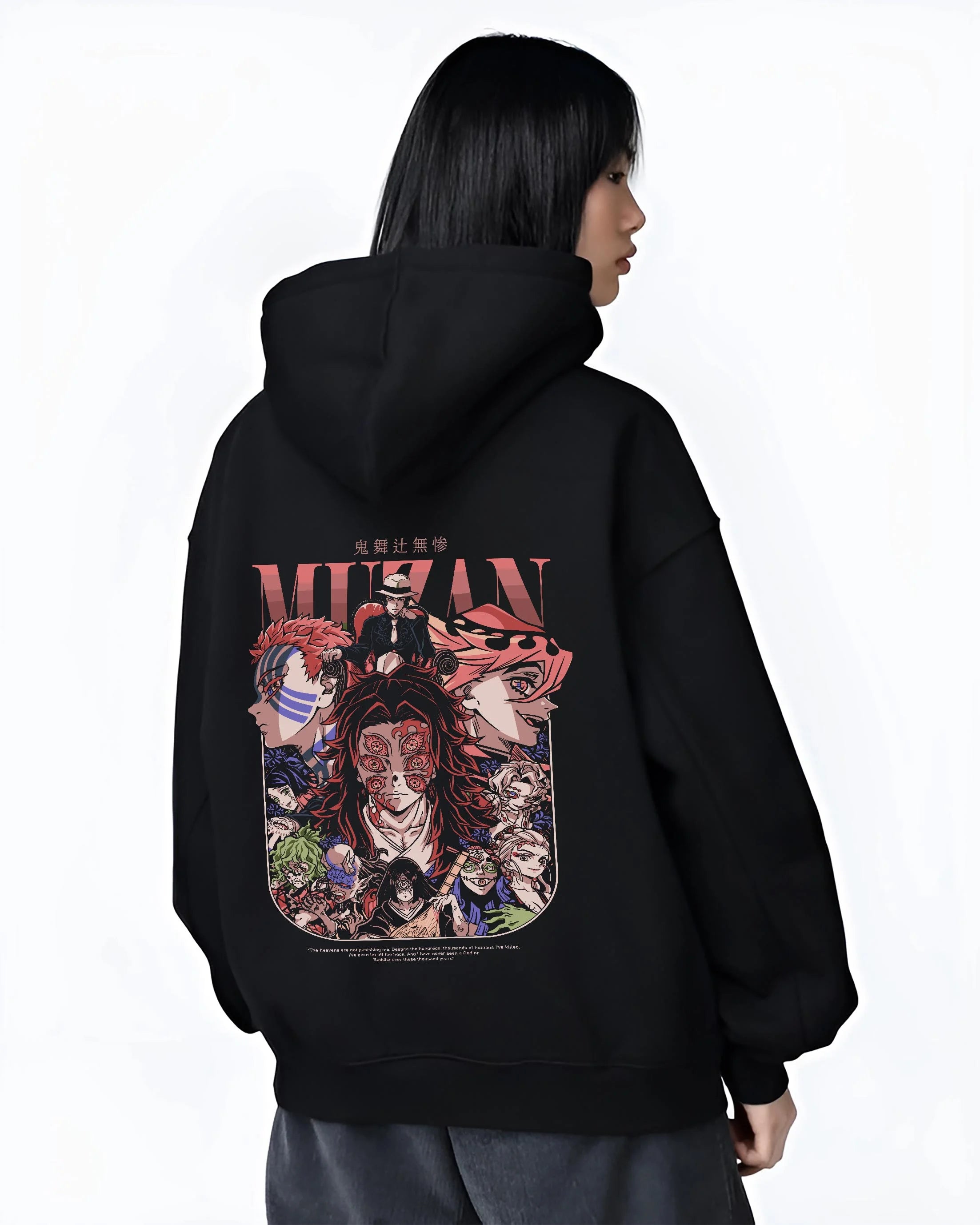 Black hoodie worn by female model, back view with Muzan Kibutsuji Hoodie Demon Slayer Upper Moon Demon graphic bold anime graphic.