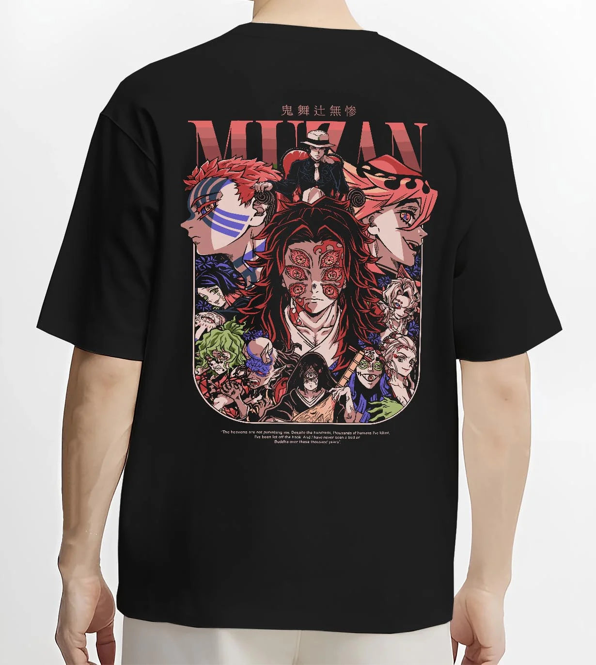 Black T-shirt worn by male model, back view with Muzan Kibutsuji Hoodie Demon Slayer Upper Moon Demon graphic streetwear graphic.