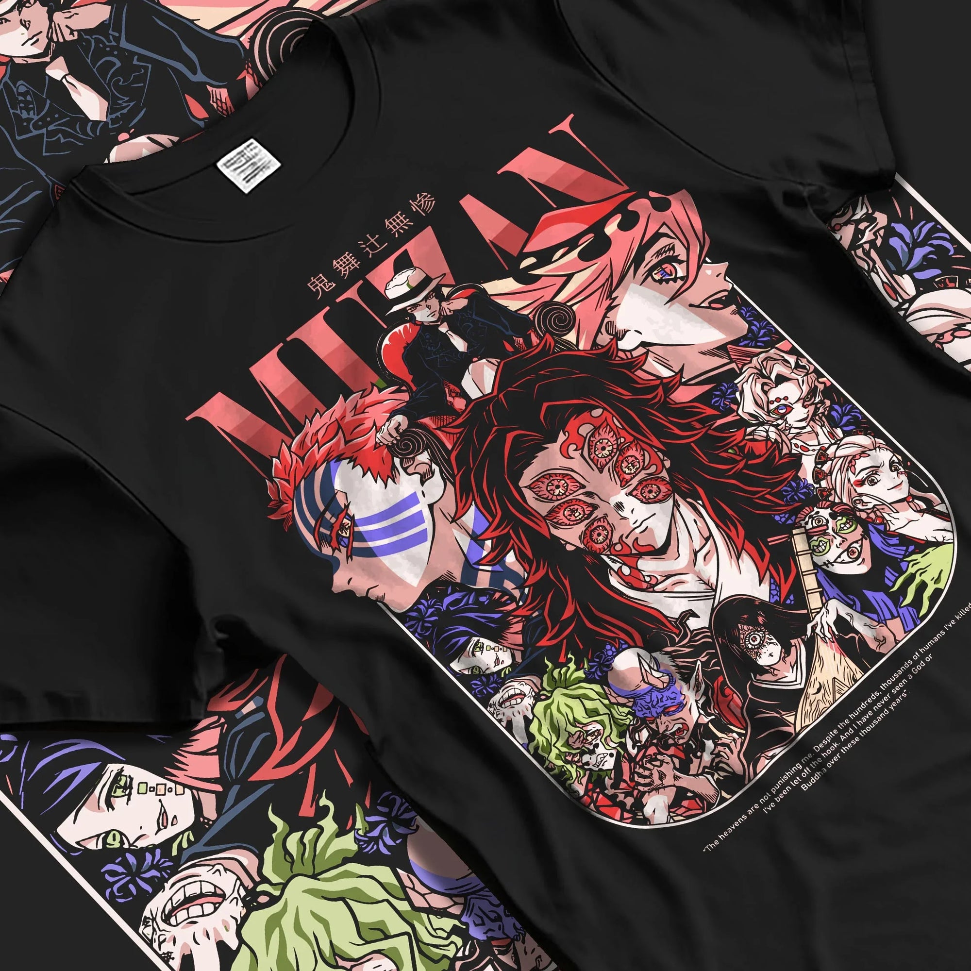 Black T-shirt laid flat with natural folds with Muzan Kibutsuji Hoodie Demon Slayer Upper Moon Demon graphic premium wear.