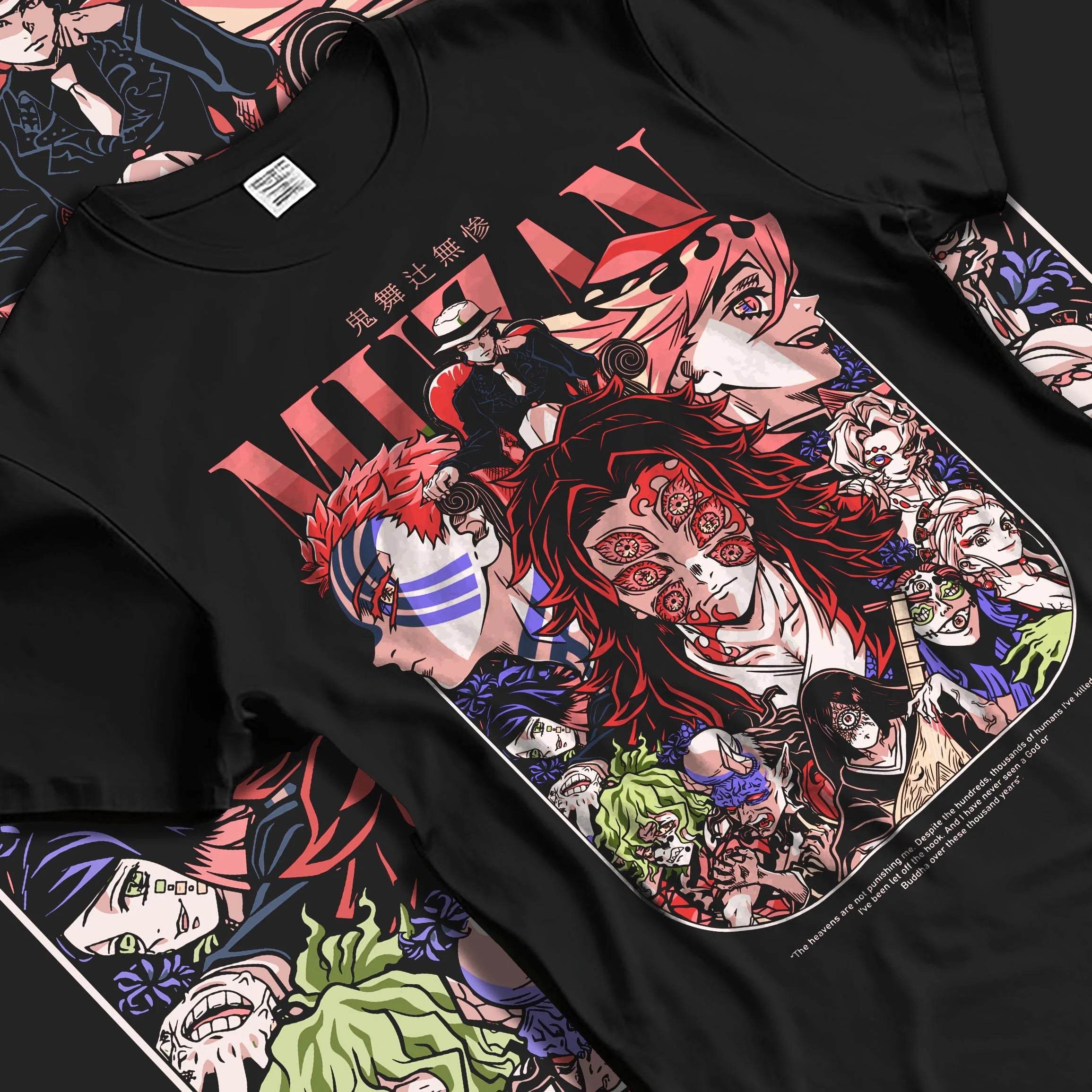 Black T-shirt laid flat with natural folds with Muzan Kibutsuji Hoodie Demon Slayer Upper Moon Demon graphic premium wear.