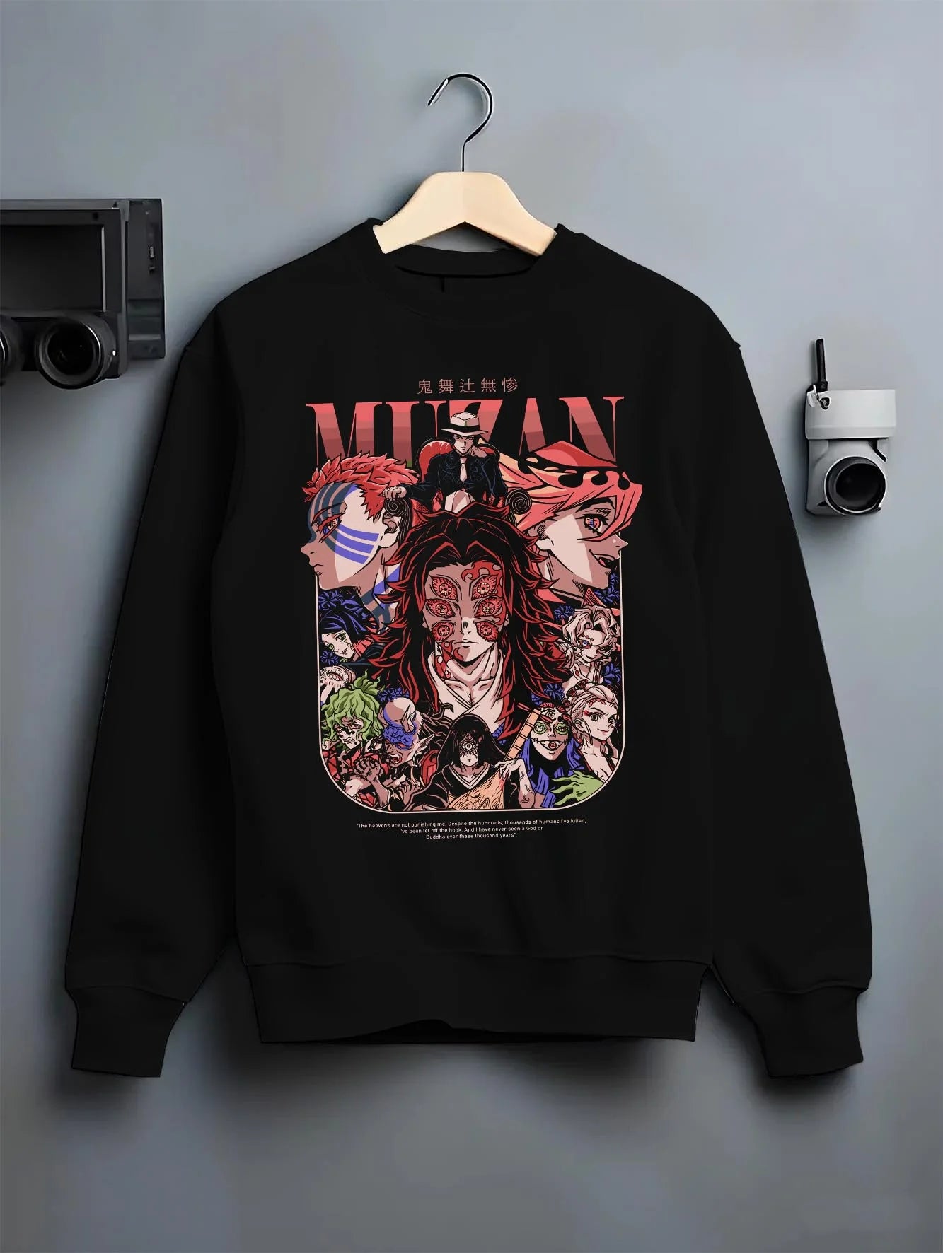 Black crewneck sweatshirt on hanger with Muzan Kibutsuji Hoodie Demon Slayer Upper Moon Demon graphic bold anime graphic.