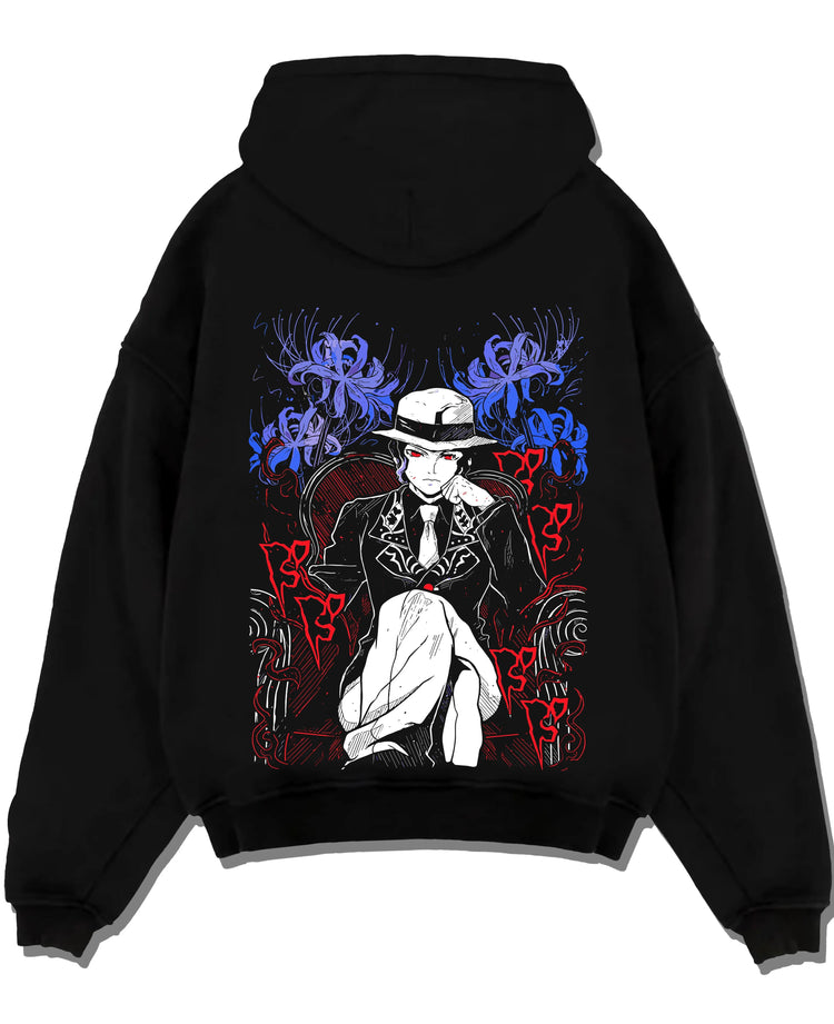 Black pullover hoodie laid flat with Muzan Kibutsuji Hoodie Demon Slayer King Icon graphic streetwear graphic.