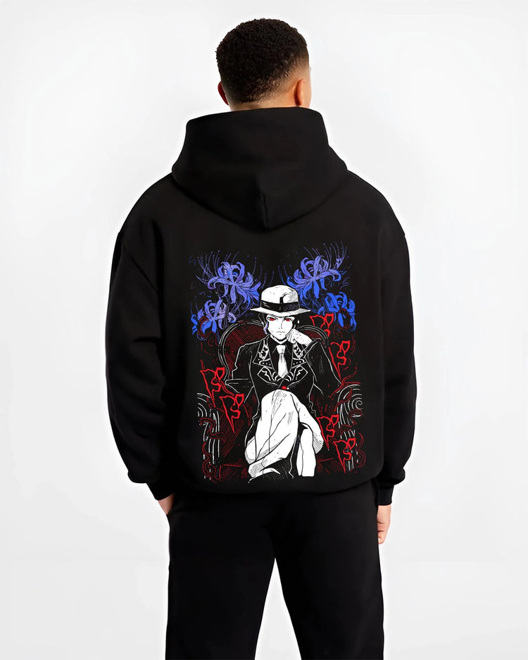 Black hoodie worn by male model, back view with Muzan Kibutsuji Hoodie Demon Slayer King Icon graphic bold anime graphic.