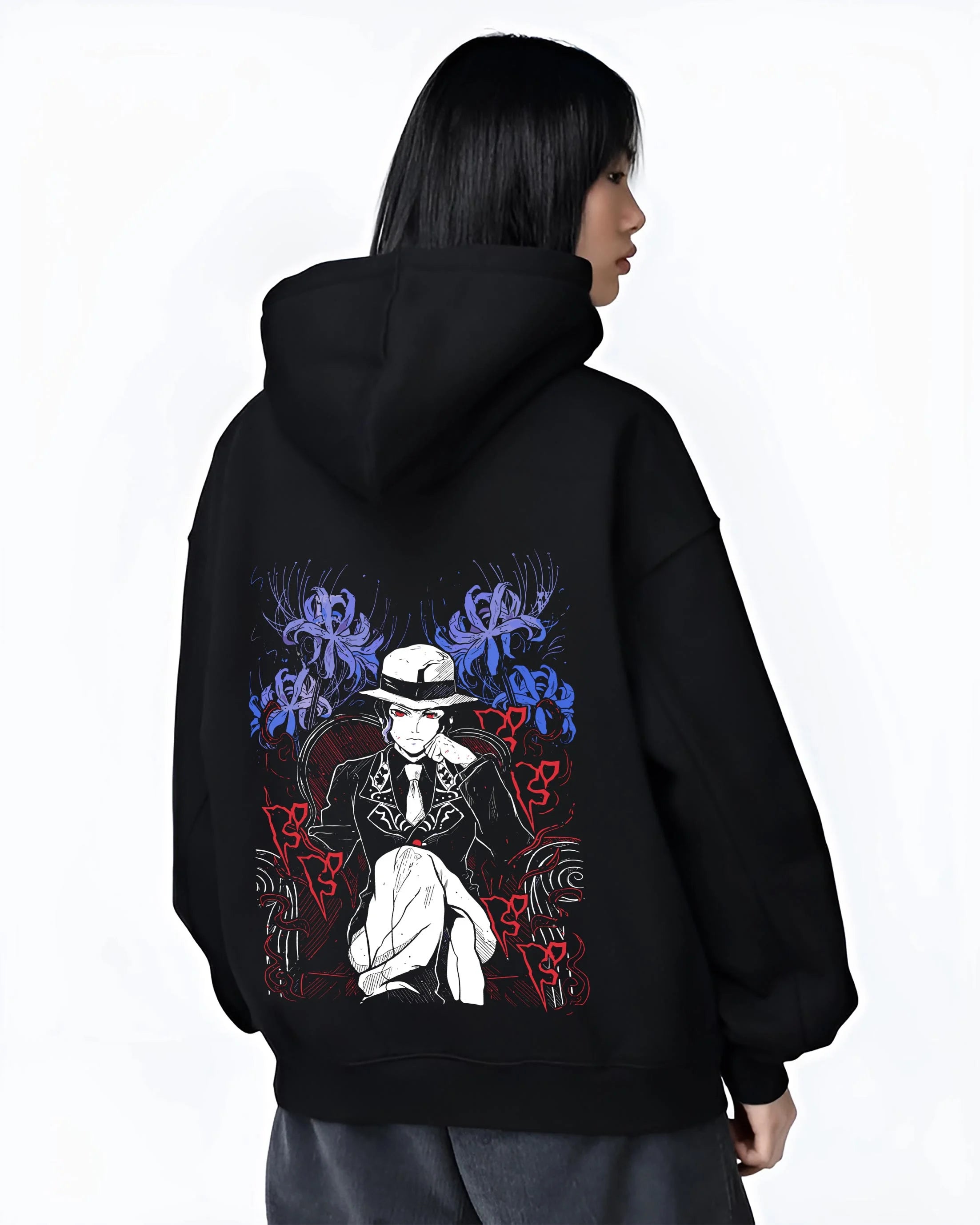 Black hoodie worn by female model, back view with Muzan Kibutsuji Hoodie Demon Slayer King Icon graphic streetwear graphic.