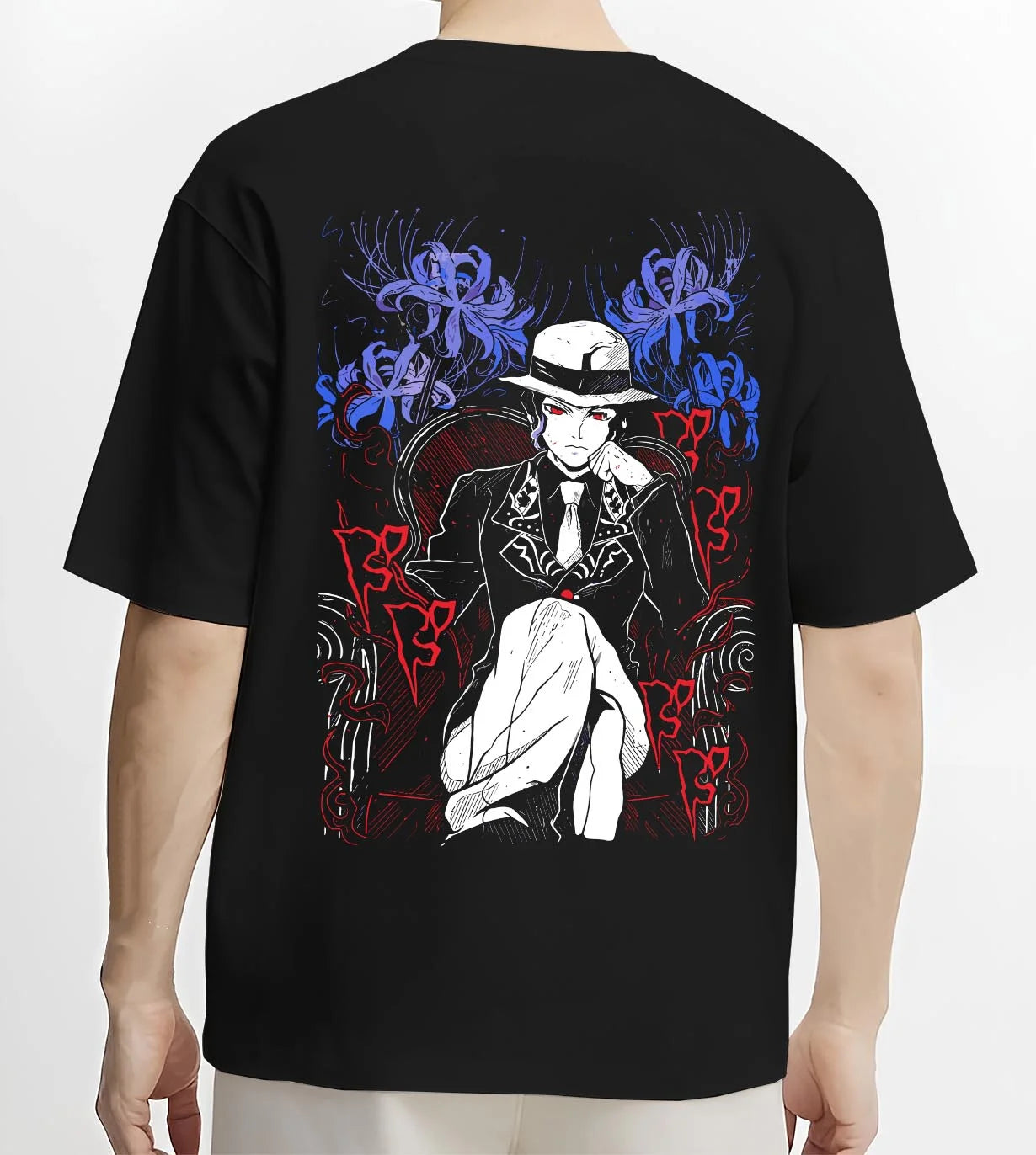 Black T-shirt worn by male model, back view with Muzan Kibutsuji Hoodie Demon Slayer King Icon graphic streetwear graphic.
