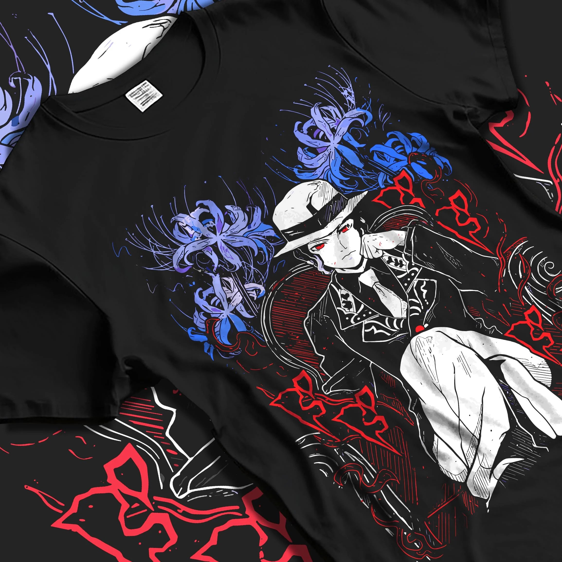 Black T-shirt laid flat with natural folds with Muzan Kibutsuji Hoodie Demon Slayer King Icon graphic premium wear.