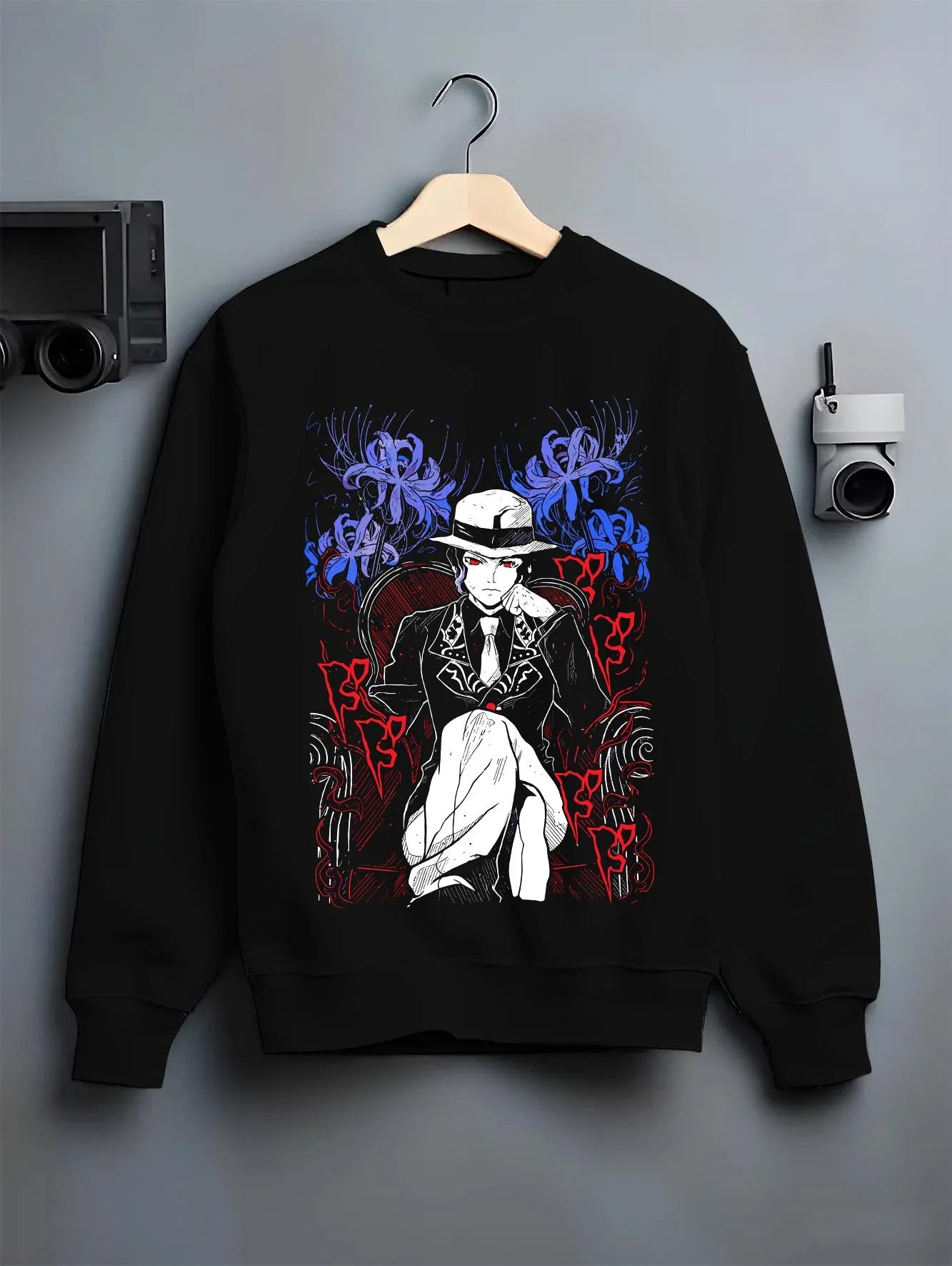 Black crewneck sweatshirt on hanger with Muzan Kibutsuji Hoodie Demon Slayer King Icon graphic premium wear.