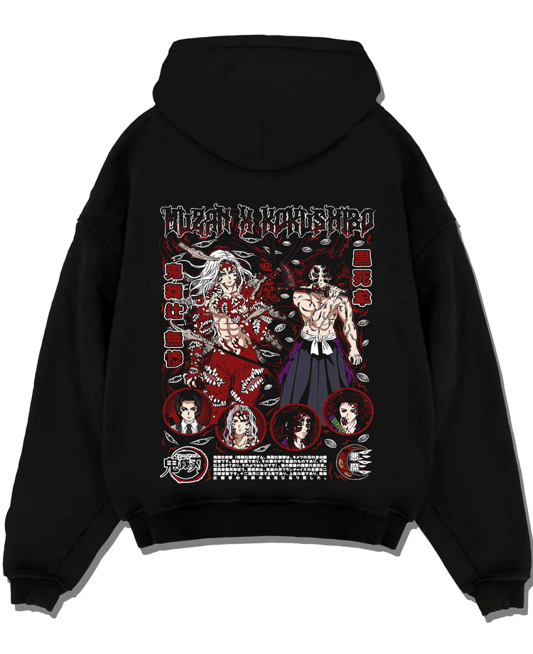 Black pullover hoodie laid flat with Muzan Kibutsuji Hoodie Demon Slayer Throne Lord graphic streetwear graphic.