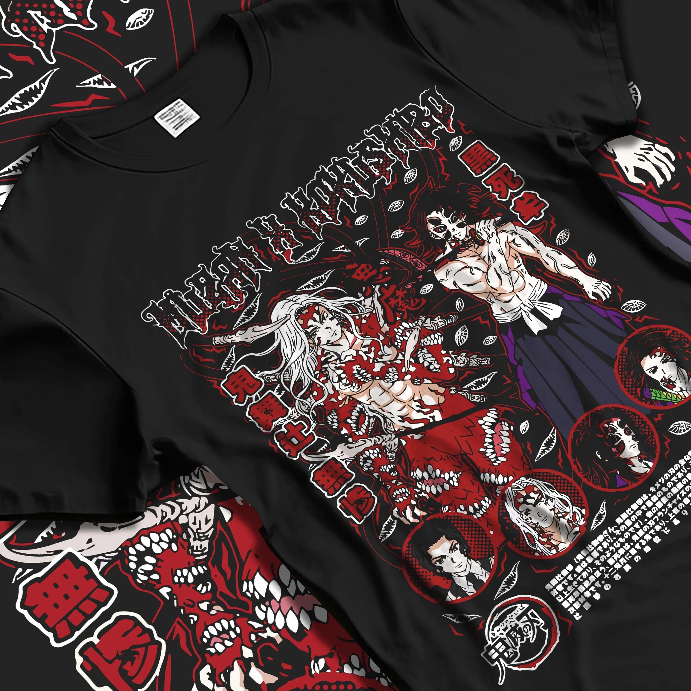 Black T-shirt laid flat with natural folds with Muzan Kibutsuji Hoodie Demon Slayer Throne Lord graphic premium wear.