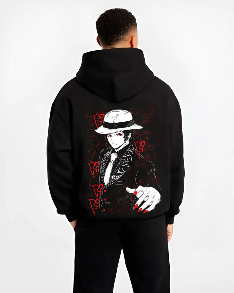 Black hoodie worn by male model, back view with Muzan Kibutsuji Hoodie Demon Slayer Dark Suit graphic bold anime graphic.