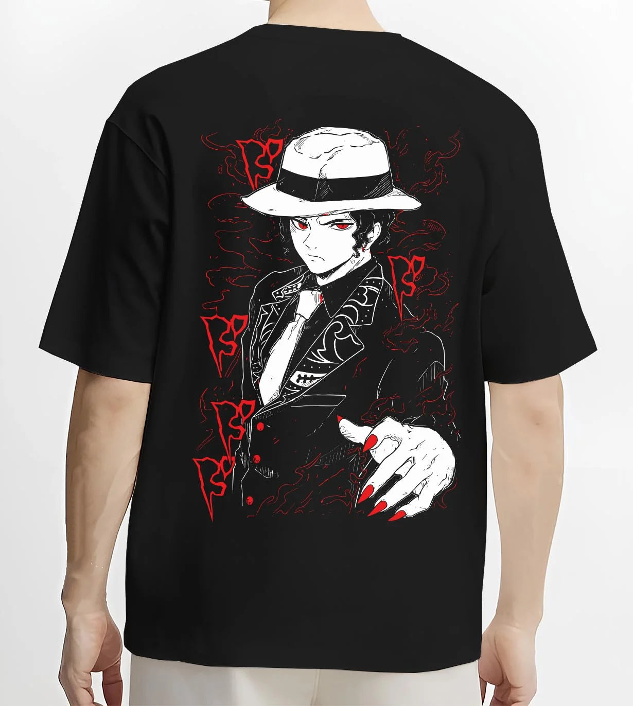 Black T-shirt worn by male model, back view with Muzan Kibutsuji Hoodie Demon Slayer Dark Suit graphic premium wear.