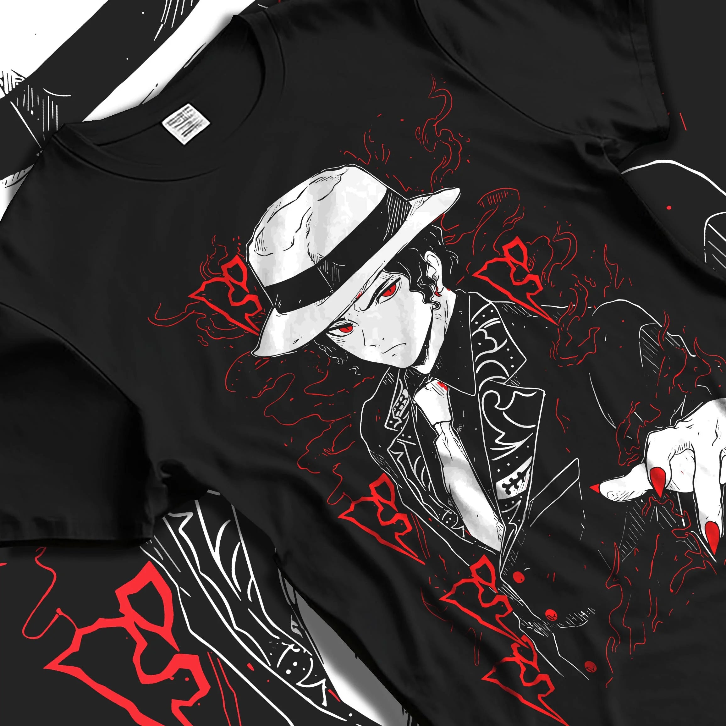 Black T-shirt laid flat with natural folds with Muzan Kibutsuji Hoodie Demon Slayer Dark Suit graphic streetwear graphic.