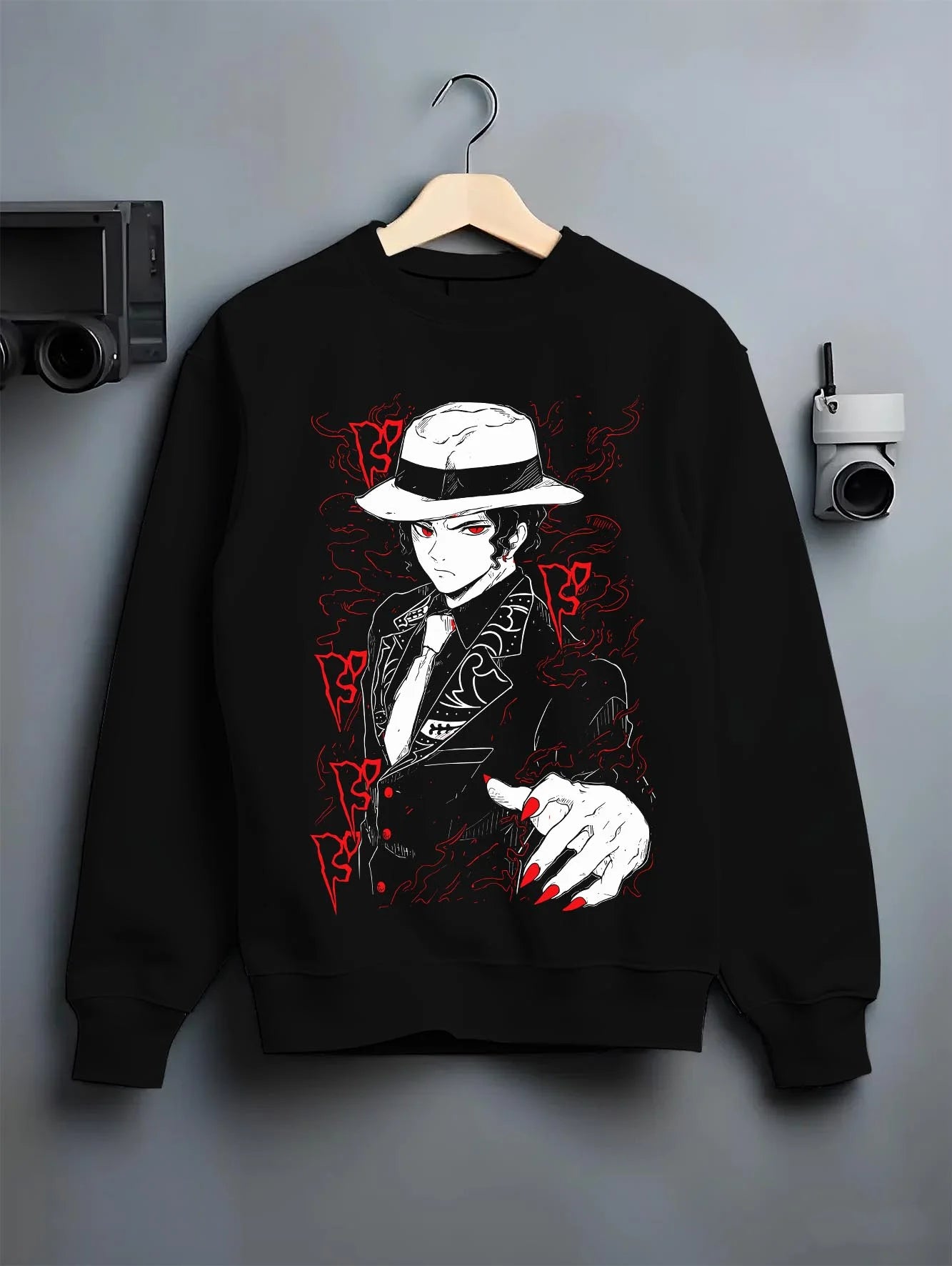 Black crewneck sweatshirt on hanger with Muzan Kibutsuji Hoodie Demon Slayer Dark Suit graphic premium wear.