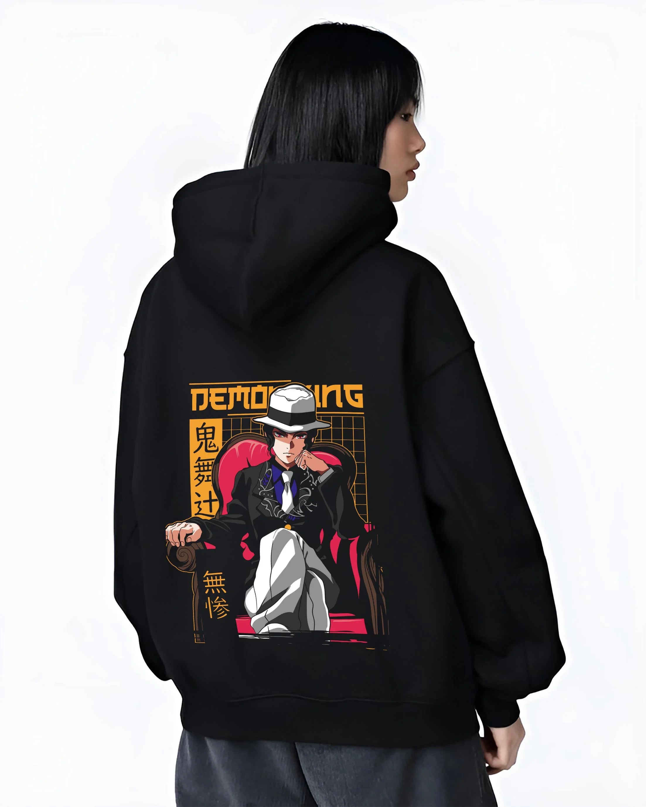 Black hoodie worn by female model, back view with Muzan Kibutsuji Hoodie Demon Slayer Portrait graphic premium wear.