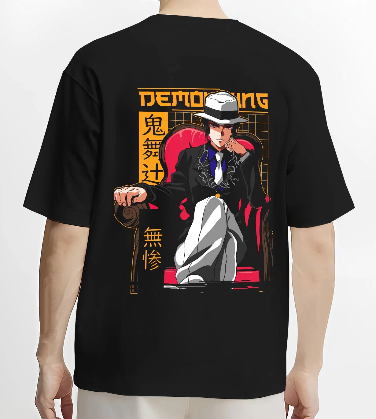 Black T-shirt worn by male model, back view with Muzan Kibutsuji Hoodie Demon Slayer Portrait graphic bold anime graphic.