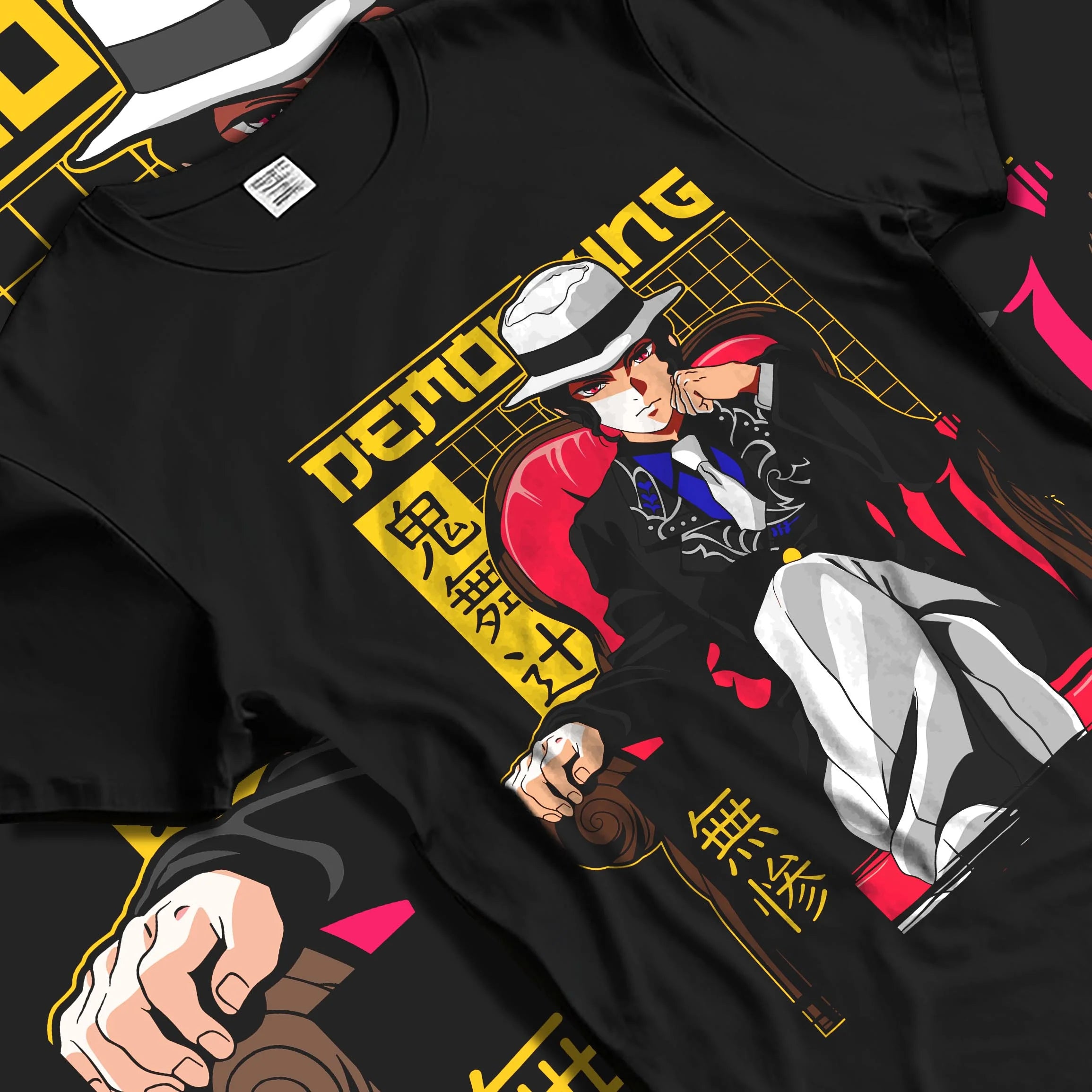 Black T-shirt laid flat with natural folds with Muzan Kibutsuji Hoodie Demon Slayer Portrait graphic bold anime graphic.