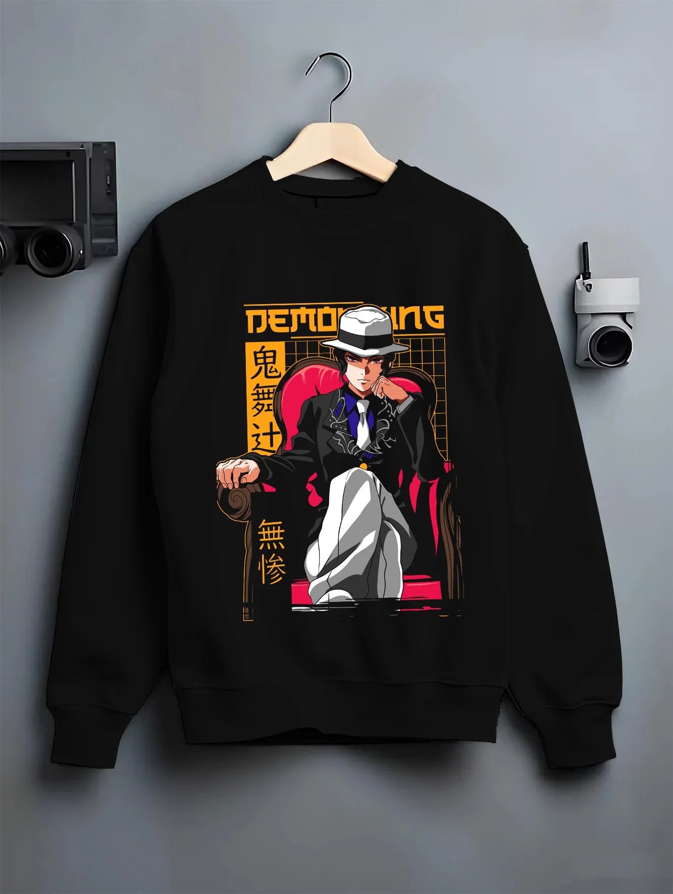 Black crewneck sweatshirt on hanger with Muzan Kibutsuji Hoodie Demon Slayer Portrait graphic streetwear graphic.