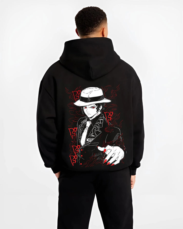 Black hoodie worn by male model, back view with Muzan Kibutsuji Hoodie Demon Slayer Suit Design graphic streetwear graphic.