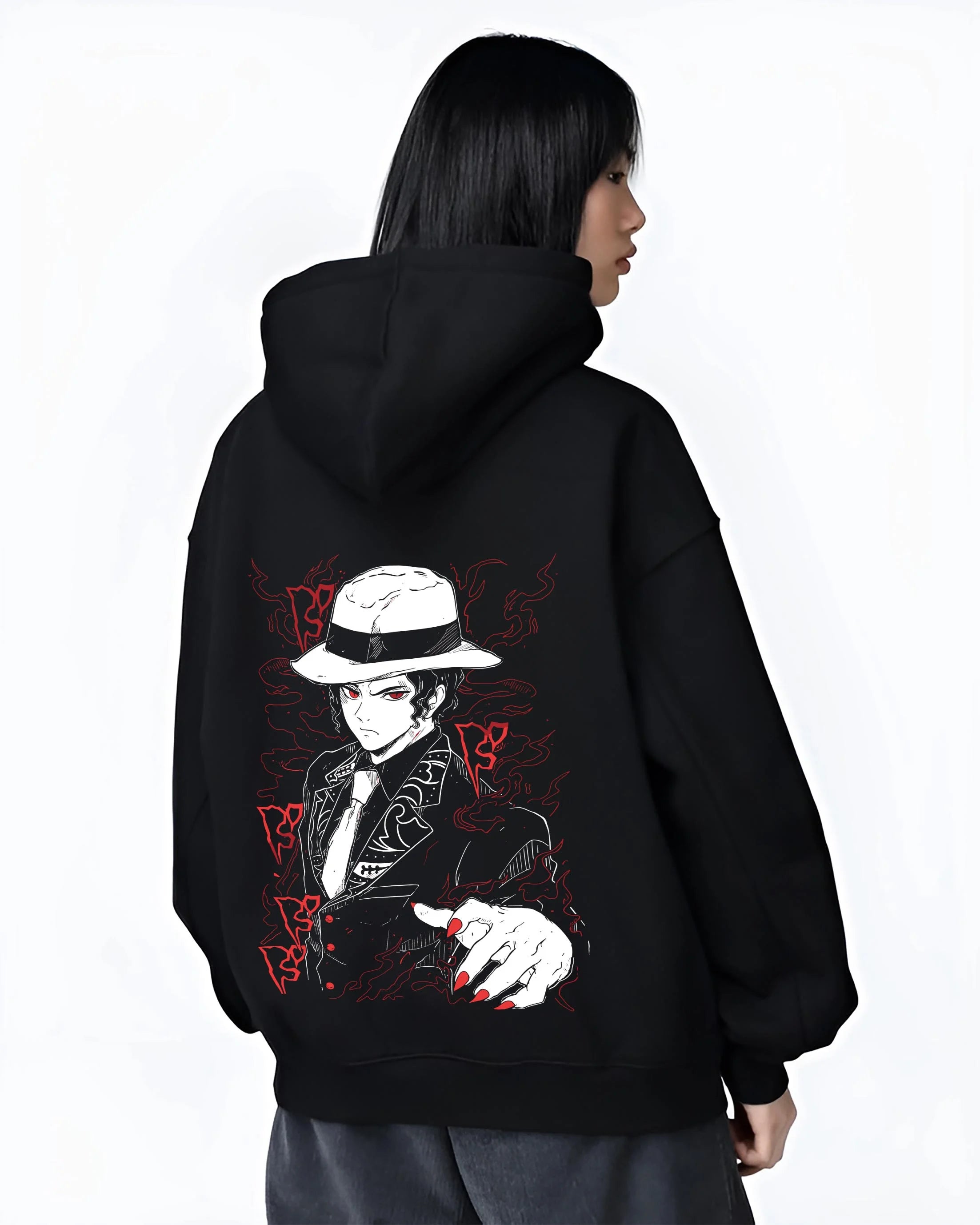 Black hoodie worn by female model, back view with Muzan Kibutsuji Hoodie Demon Slayer Suit Design graphic premium wear.