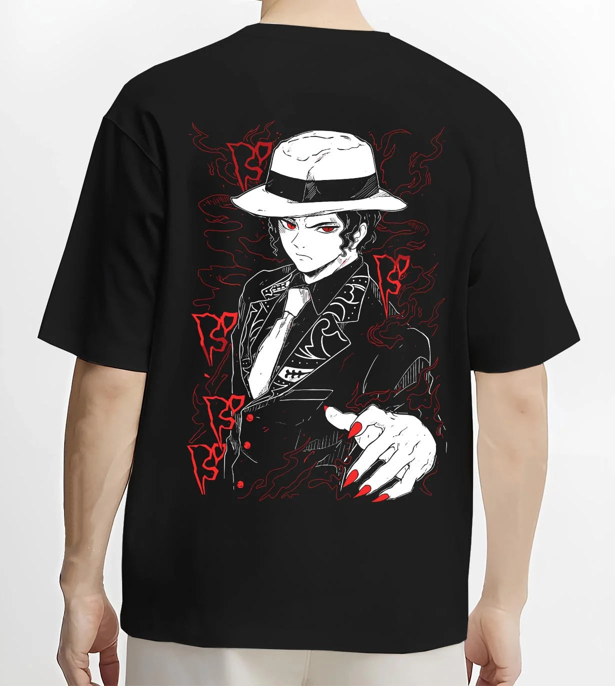 Black T-shirt worn by male model, back view with Muzan Kibutsuji Hoodie Demon Slayer Suit Design graphic bold anime graphic.