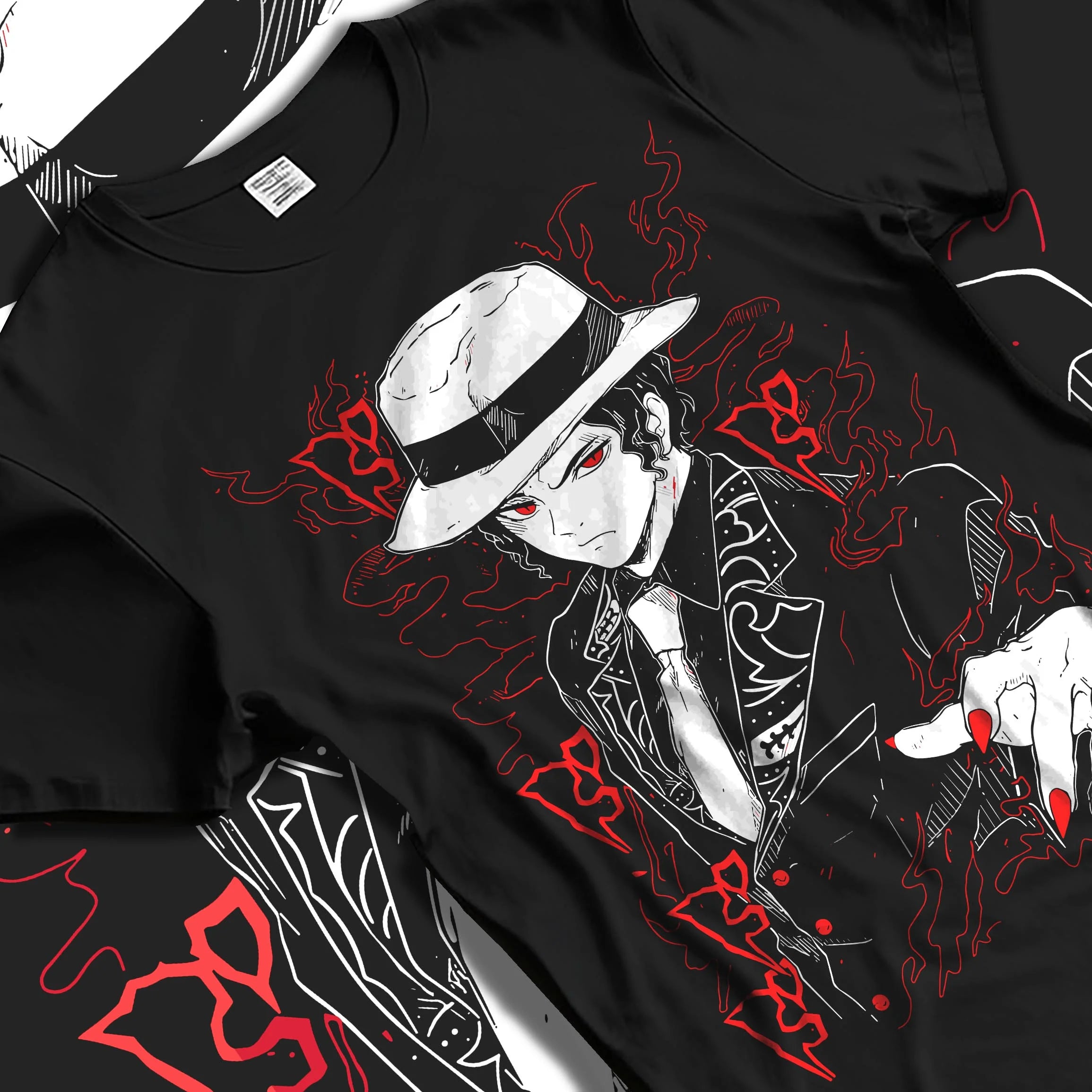 Black T-shirt laid flat with natural folds with Muzan Kibutsuji Hoodie Demon Slayer Suit Design graphic streetwear graphic.