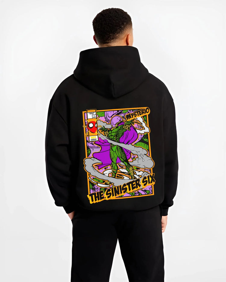 Black hoodie worn by male model, back view with Mysterio Hoodie Marvel Sinister Six Villain graphic premium wear.