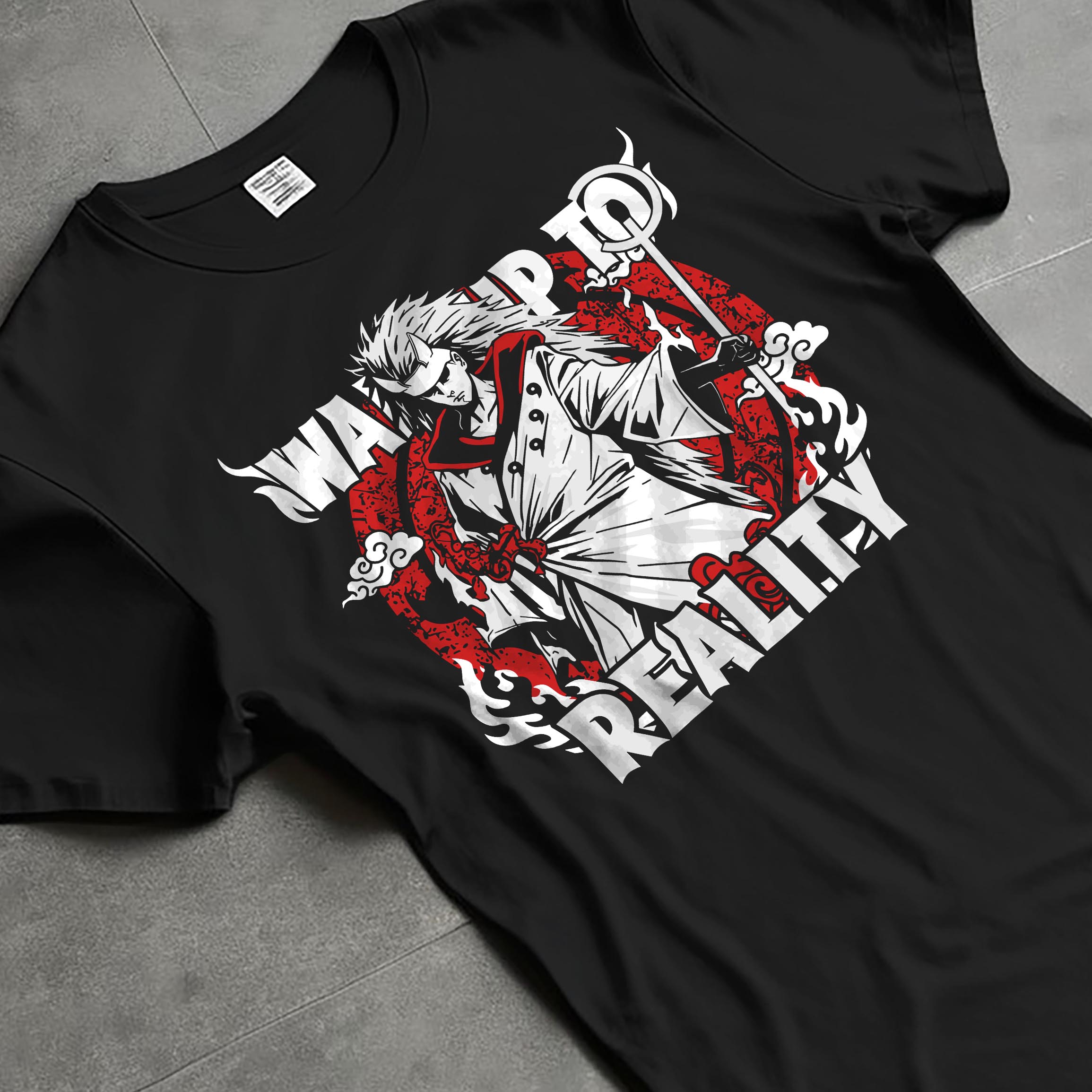 Black T-shirt laid flat with natural fabric folds, featuring Naruto Madara Uchiha anime poster inspired artwork with red circle background and bold manga panel vibe.