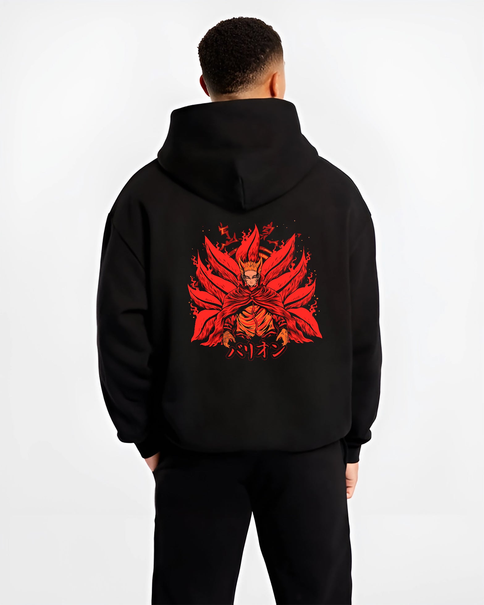 Black hoodie worn by a male model, back view, featuring Naruto Baryon Mode shonen battle character design with fiery retro manga graphic in bold anime style.
