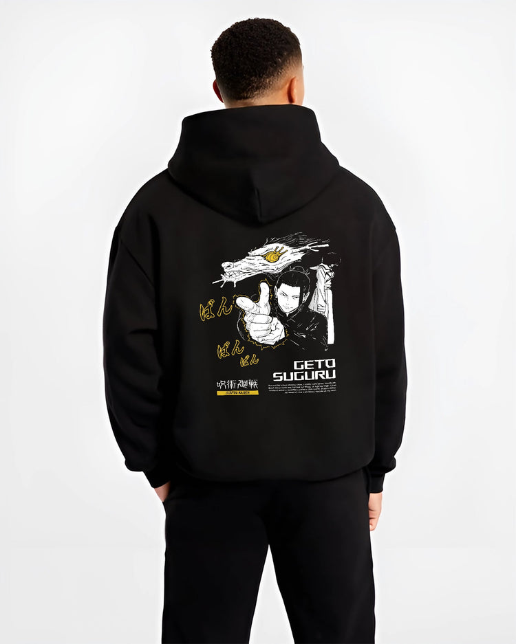Black hoodie worn by a male model, back view, featuring Jujutsu Kaisen Geto Suguru retro manga graphic with finger gun pose in anime poster inspired style.