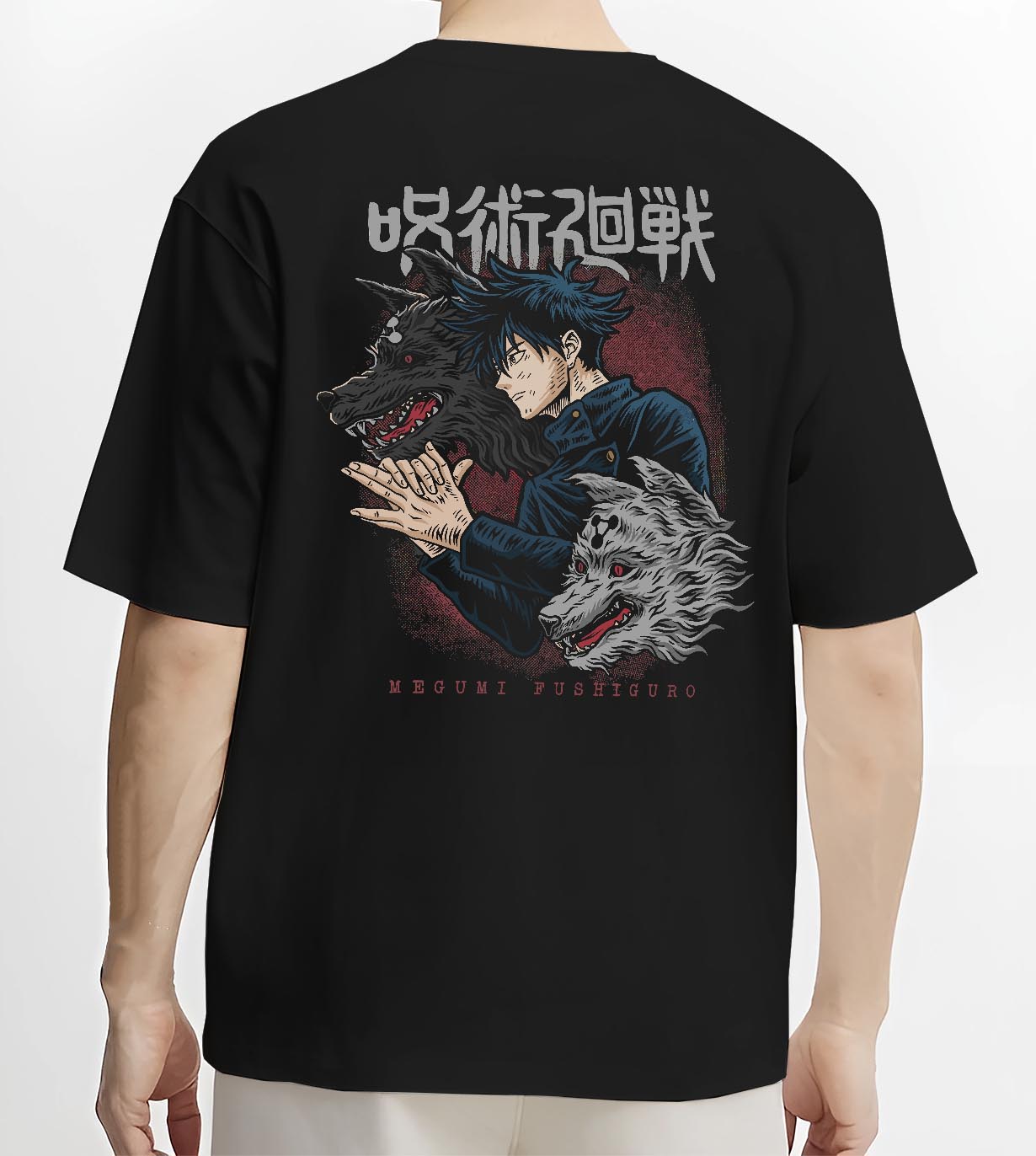 Black hoodie worn by a female model, back view, featuring Jujutsu Kaisen Megumi Fushiguro retro streetwear Divine Dogs graphic.