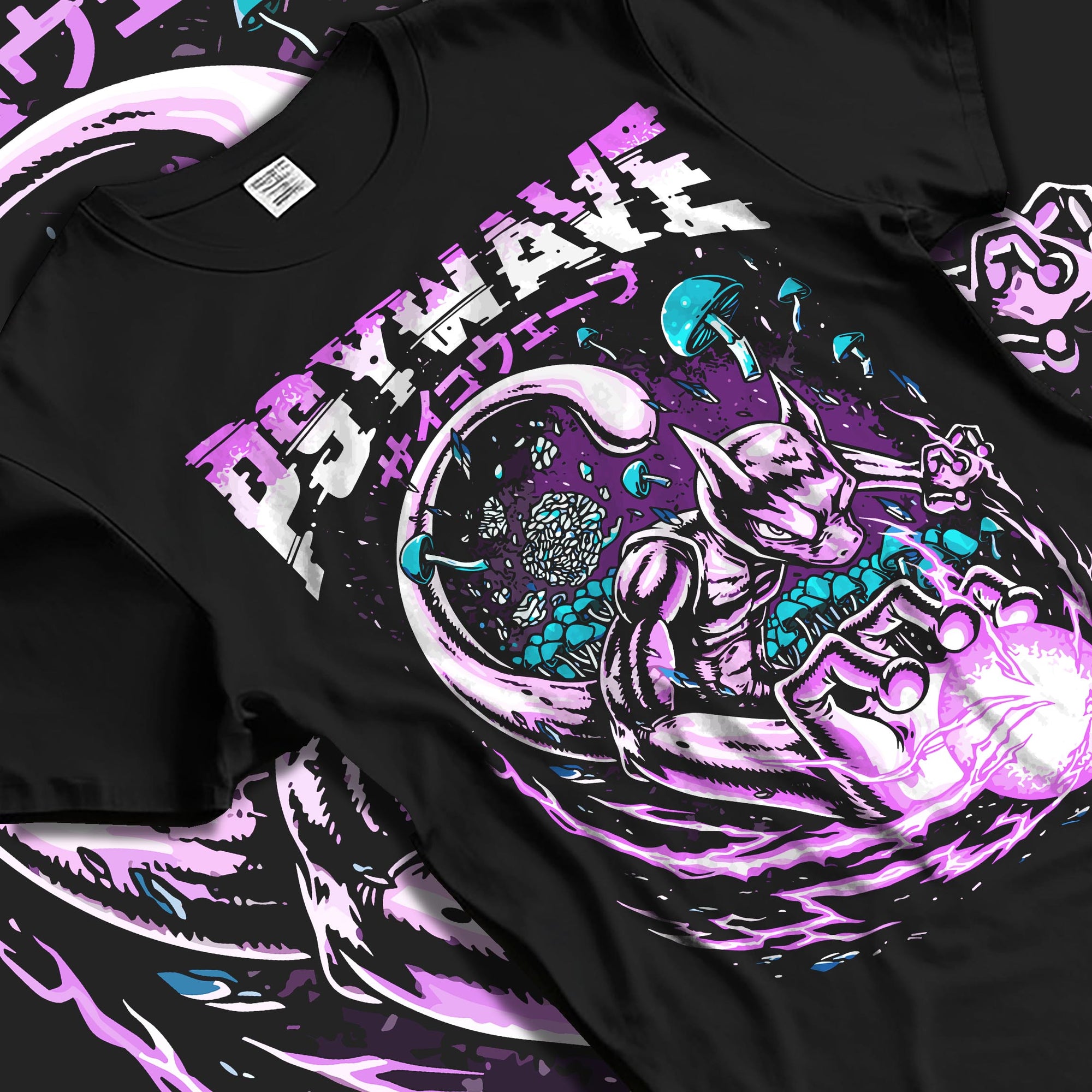 Black T-shirt laid flat with natural fabric folds, featuring Pokémon Mewtwo anime poster inspired psywave energy design.